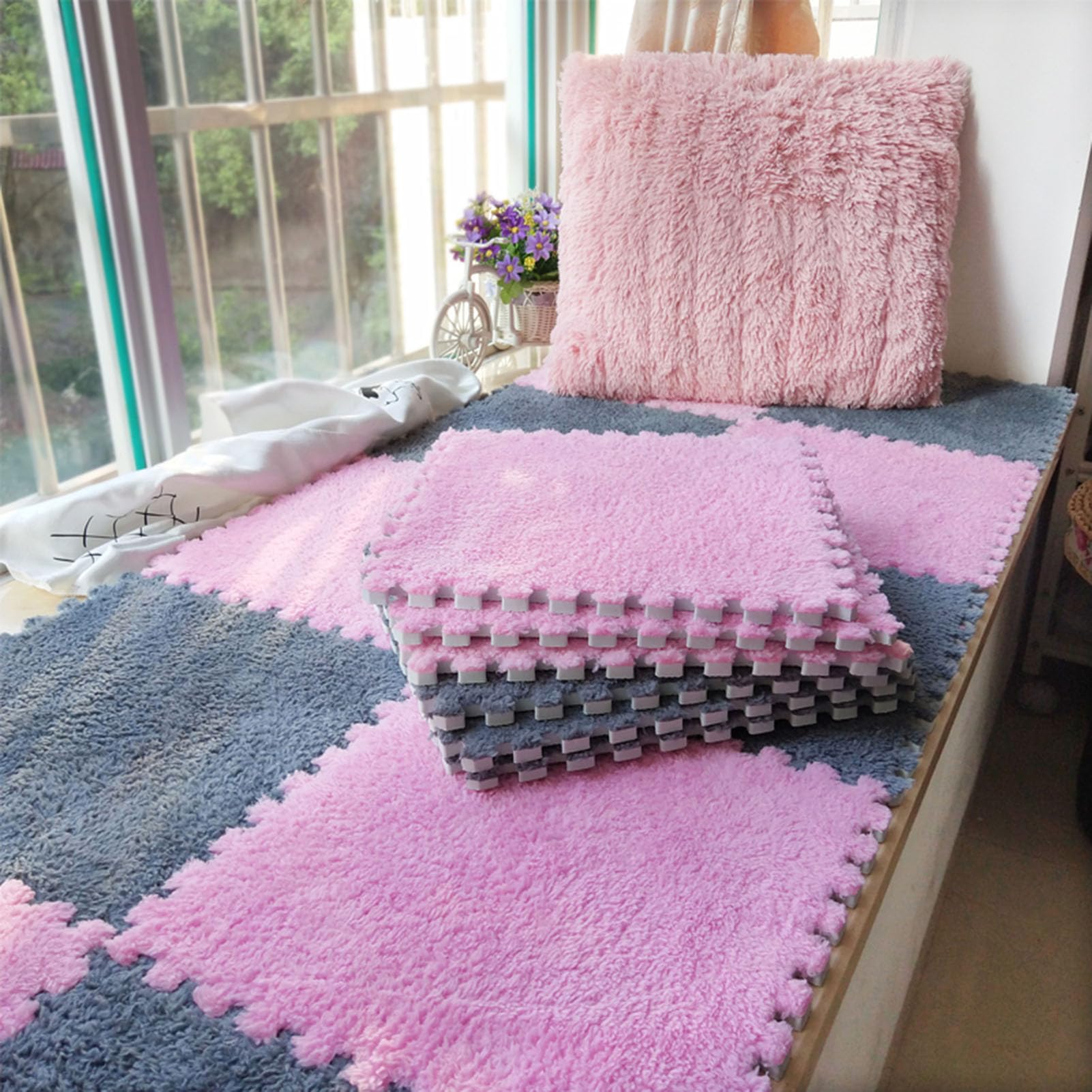 Flauschiger, weicher Plüsch-Teppich – 2,1 x 2,4 m große, ineinandergreifende Schaumstoff-Teppichfliesen, Puzzlematten für Schlafzimmer und Spielzimmer, 56 graue und blaue Bodenmatten, rutsch