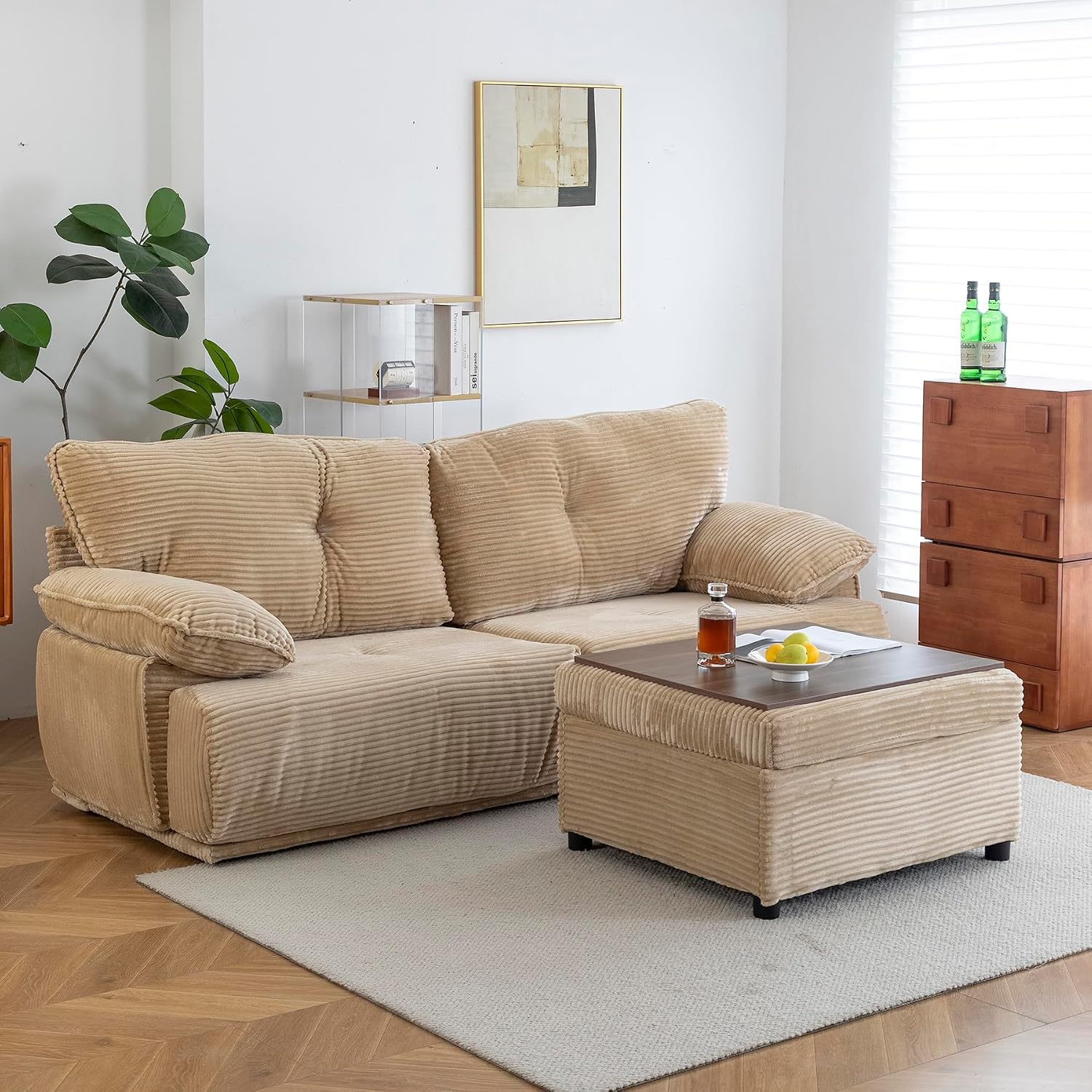 Keydo 90" Oversize Loveseat Sofa Storage Ottoman Coffee Table L-Shaped Lightbrown
