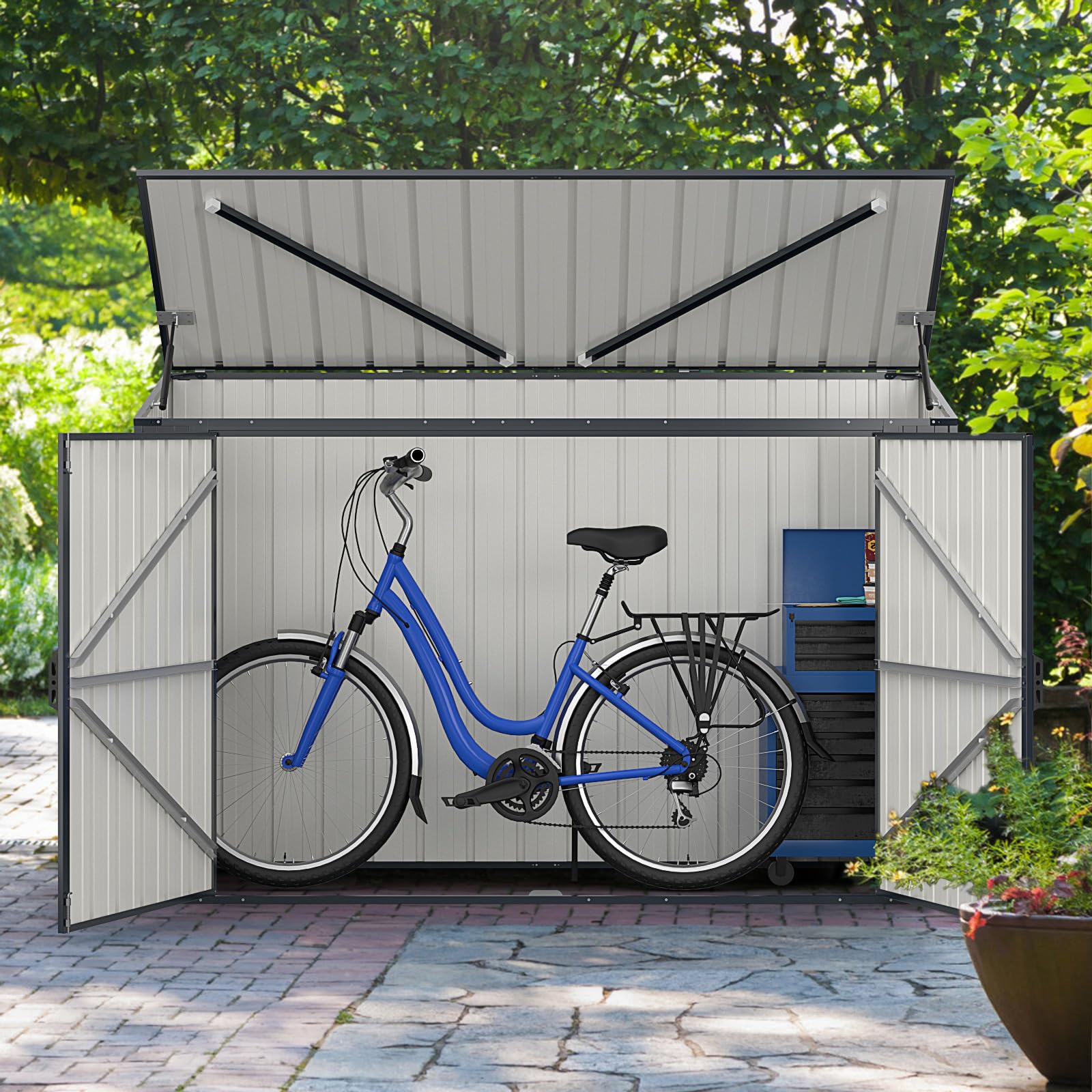 HOMASIS Abris Outils de Rangement en Métal-120 L,1,9 m³, Résistant aux Intempéries, avec 2 Gants, Cache-Poubelles pour 2 Poubelles avec 2 Porte et Couvercle Rabattable, Verrouillable
