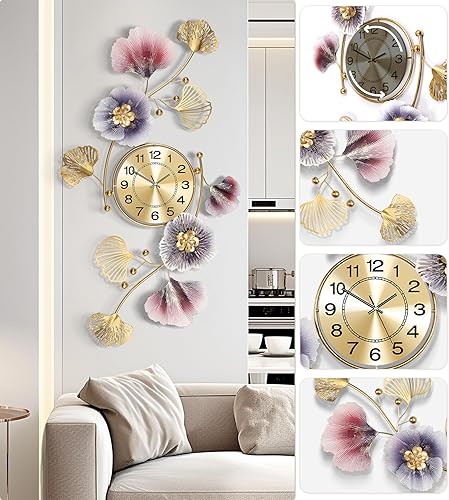 Miniatura 4 de Relojes de pared para la decoración de la sala de estar,Reloj de pared grande,Diseño creativo de hoja de Ginkgo de metal 3D