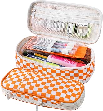 Checkered Pencil Pouch With Zipper Pencil Case for Teens Girls Student Back to SchoolOrange