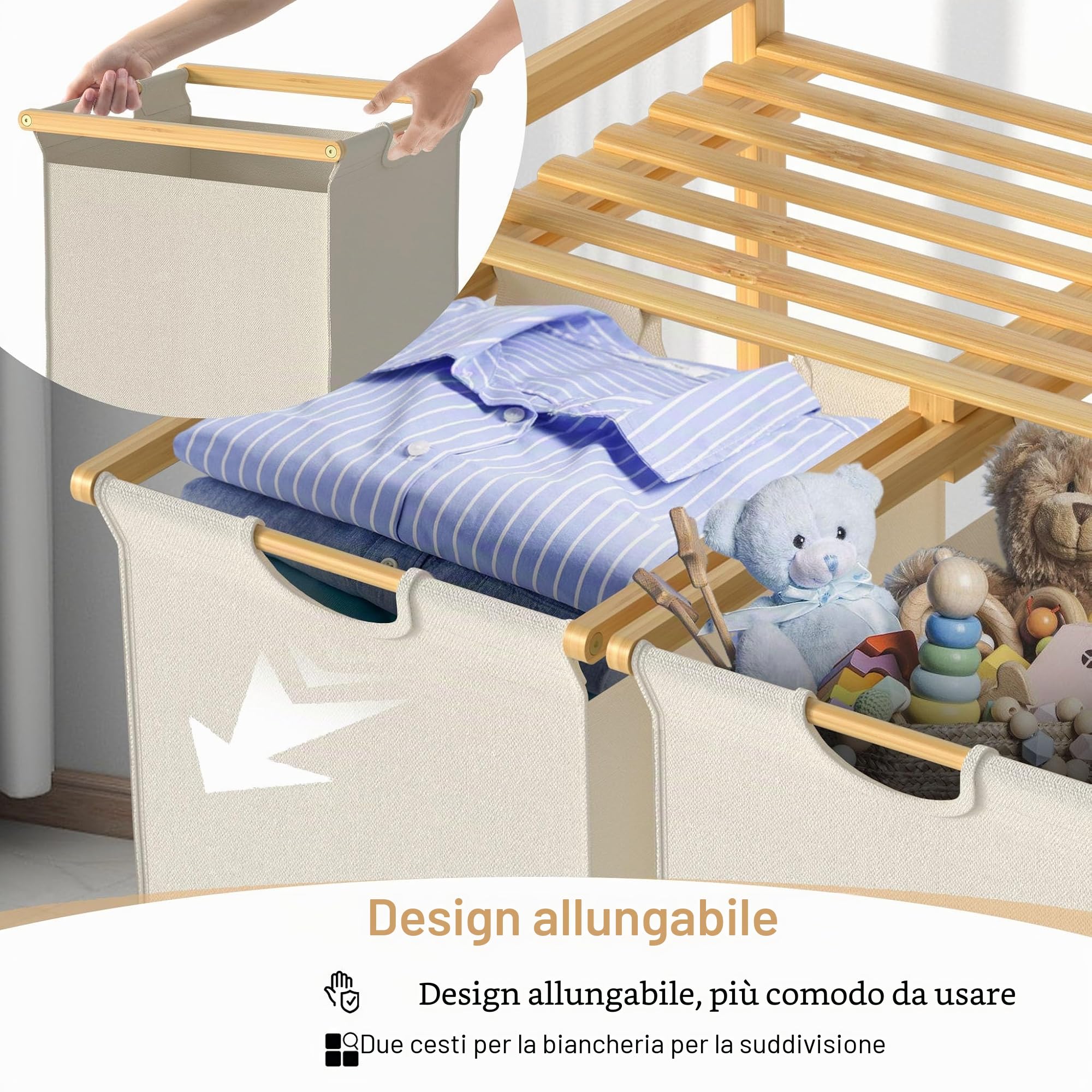 UISEBRT Cesto portabiancheria in bambù con 2 scomparti, 72 l, in tessuto Oxford, sistema di stendibiancheria rimovibile e lavabile, 73 x 64 x 33,5 cm, beige