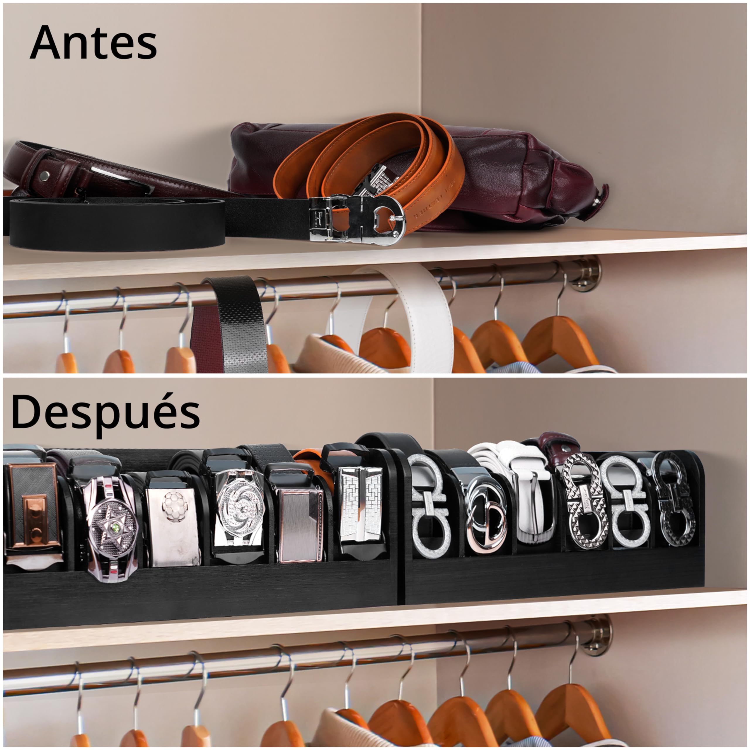 Winter Shore Caja Organizadora para Cinturones Negra - Organizador Cinturones de Madera de Bambú Oscuro de 6 Rejillas - Organizador de Armario Estuche Contenedor Natural Relojes Hombres y Mujeres