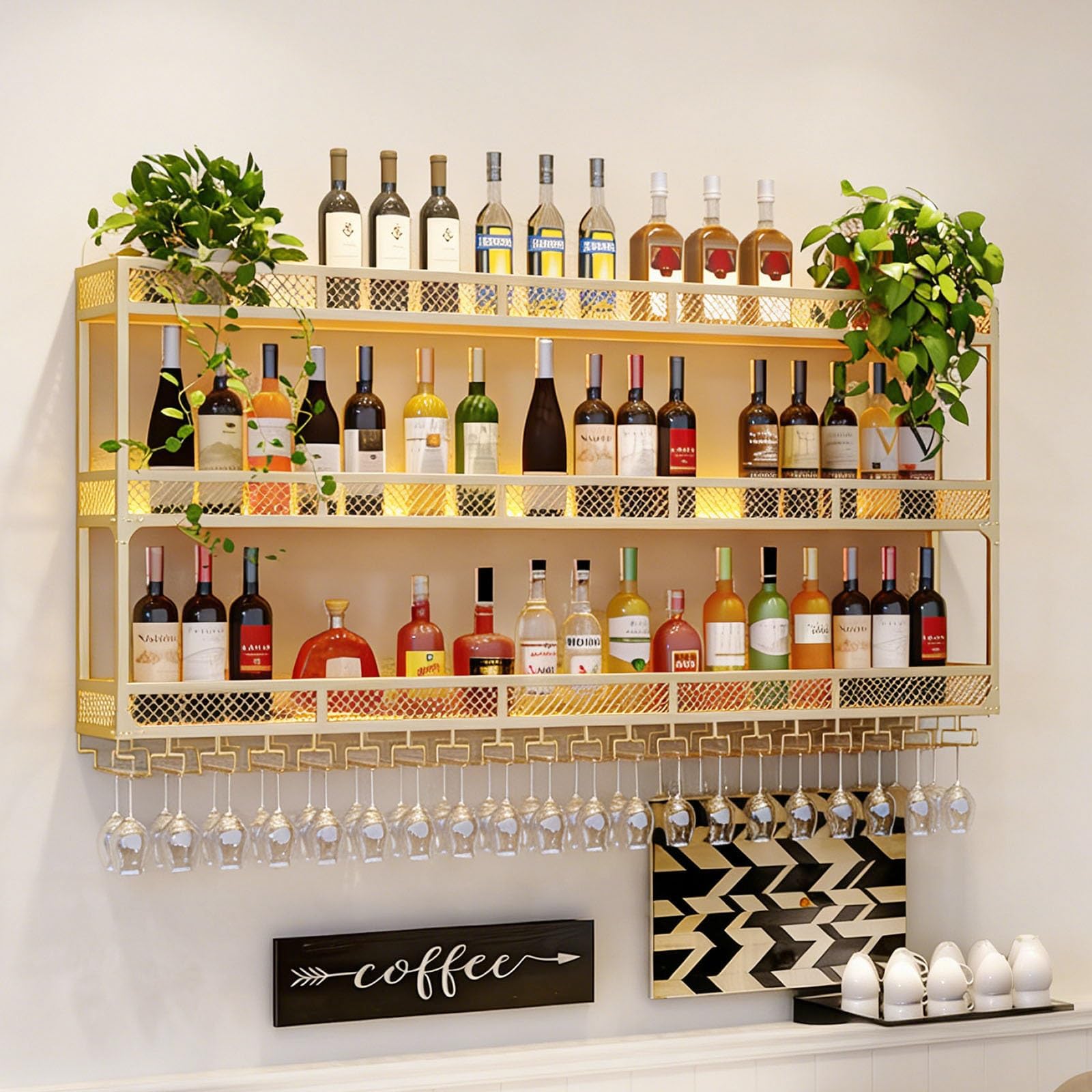 Porte-bouteilles mural industriel LED avec porte-verres pour bar métal
