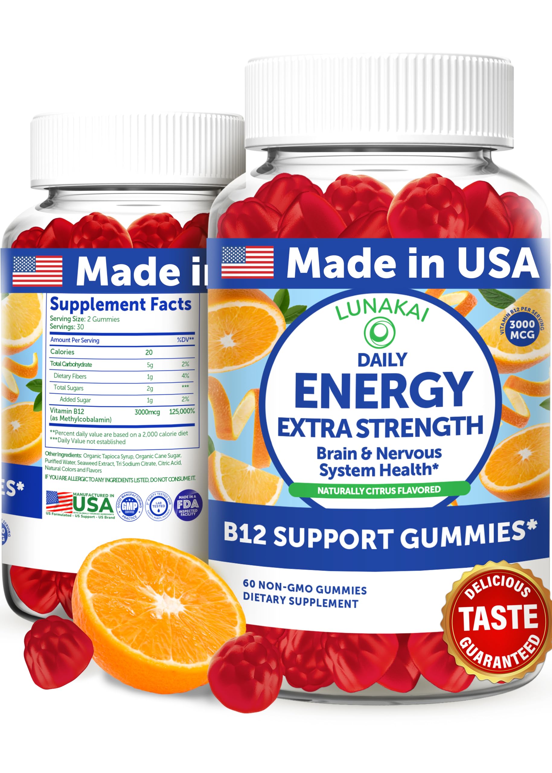 Lunakai Energy Gummies – USA Made Natural Energy Supplements – Vegan Vitamin B12 Gummies for Women & Men – Delicious Methyl B12 3000 mcg, 60ct
