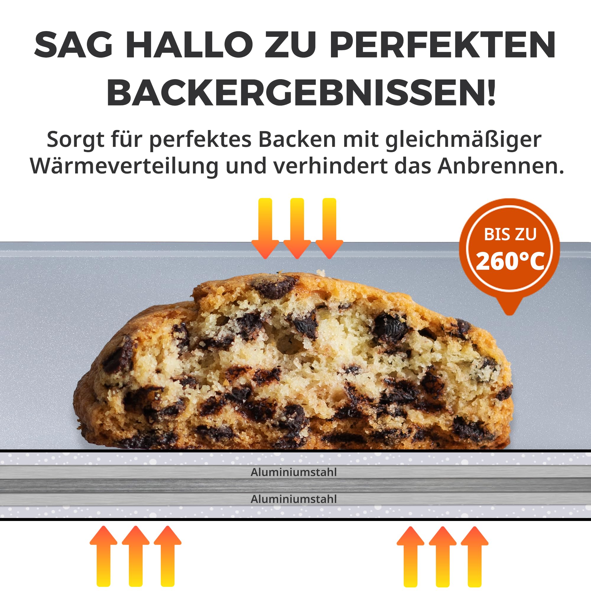 HONGBAKE 3-teiliges Backblech-Set (Viertel/Jelly Roll/Halb), Aluminium-Stahl mit Keramik-Antihaftbeschichtung, stapelbar, hitzebeständig bis 260 °C, PTFE- & PFOA-frei, mit abnehmbaren Silikongriffen