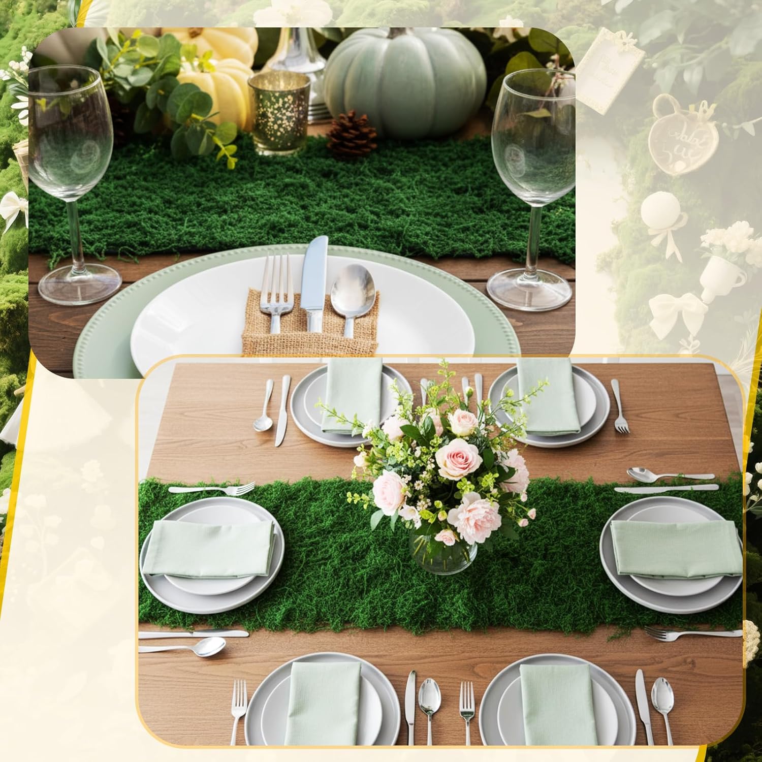 Zeyune 2 Pcs Fake Moss Table Runner for Crafts 12'' x 71'' Artificial Moss Sheet Roll Waterproof Carpet Blanket for Wall Roof Garden Wedding Birthday Party Table Decoration (Dark Green)