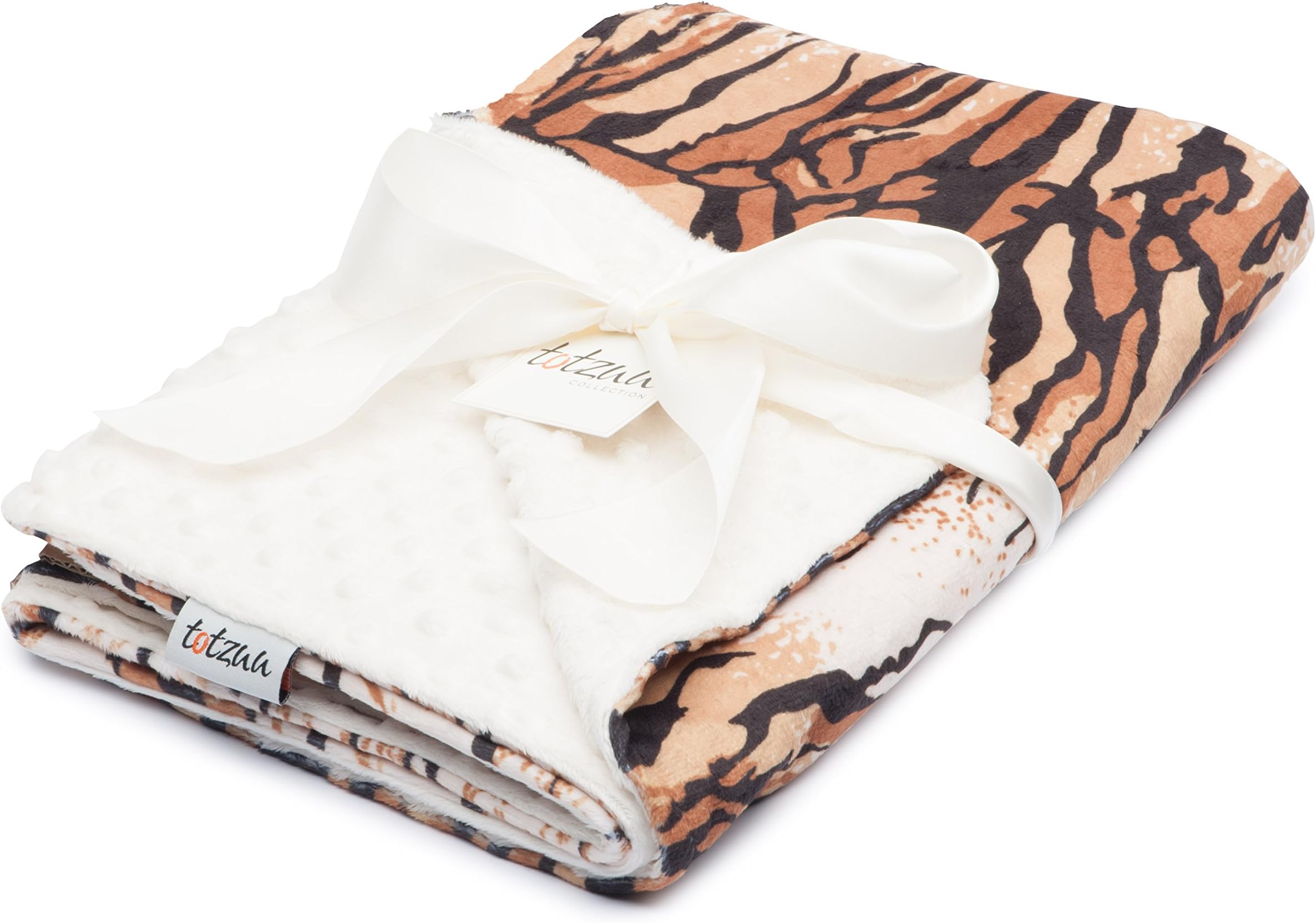 Totzuu Minky Baby Blanket Tiger Print with Cream Minky Dot - Large 30"x40" Extra Soft for Babies Toddlers & Kids for use in Cribs, Strollers, Beds, Receiving, Laps and more