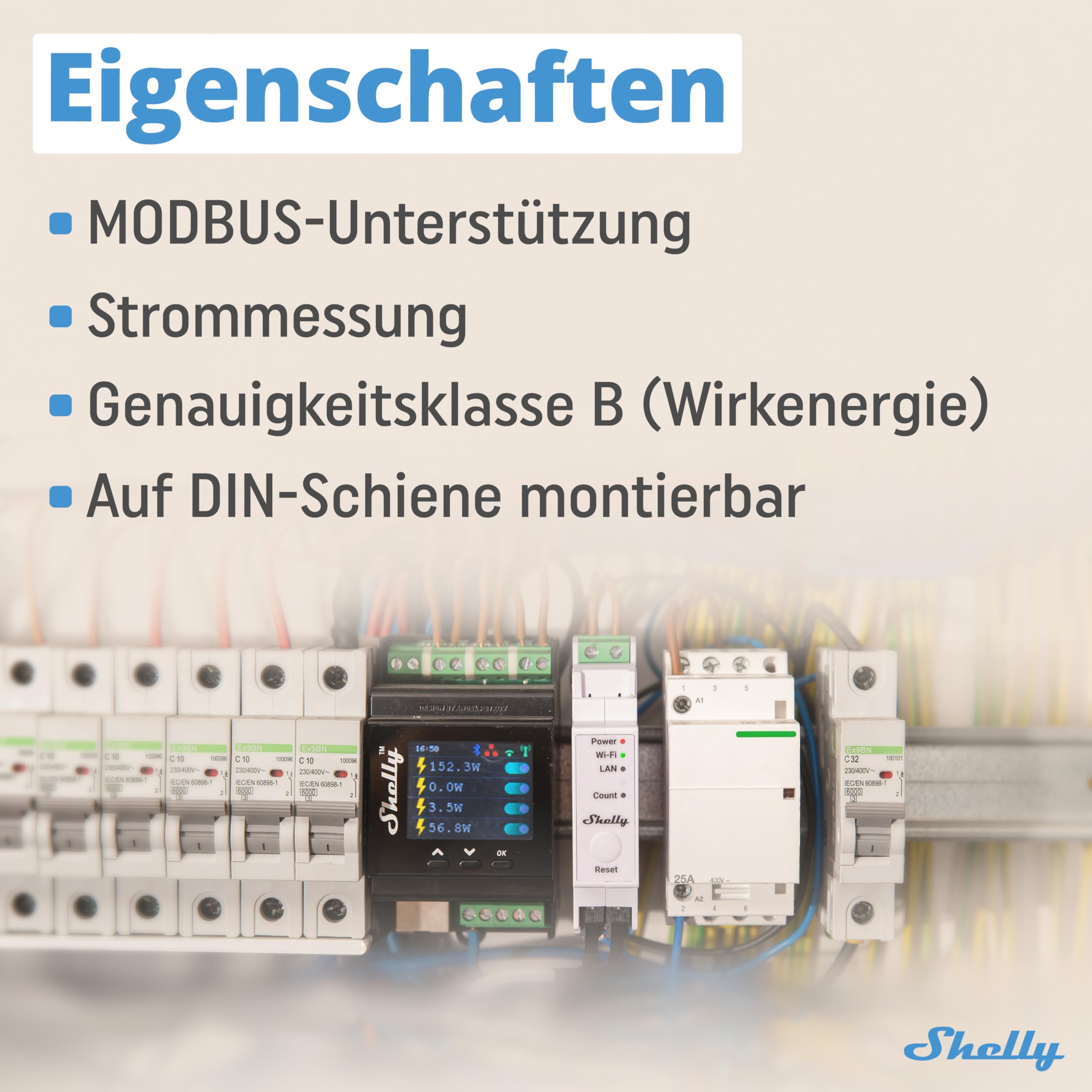 Shelly Pro EM 50A - WLAN & LAN Smart Energiezähler, 2 Kanäle auf 1 Phase, 2A Potentialfreie Kontakte, 4-Quadranten-Messung, Photovoltaik, IEC 62053-21, Kein Hub Erforderlich, Datenspeicherung