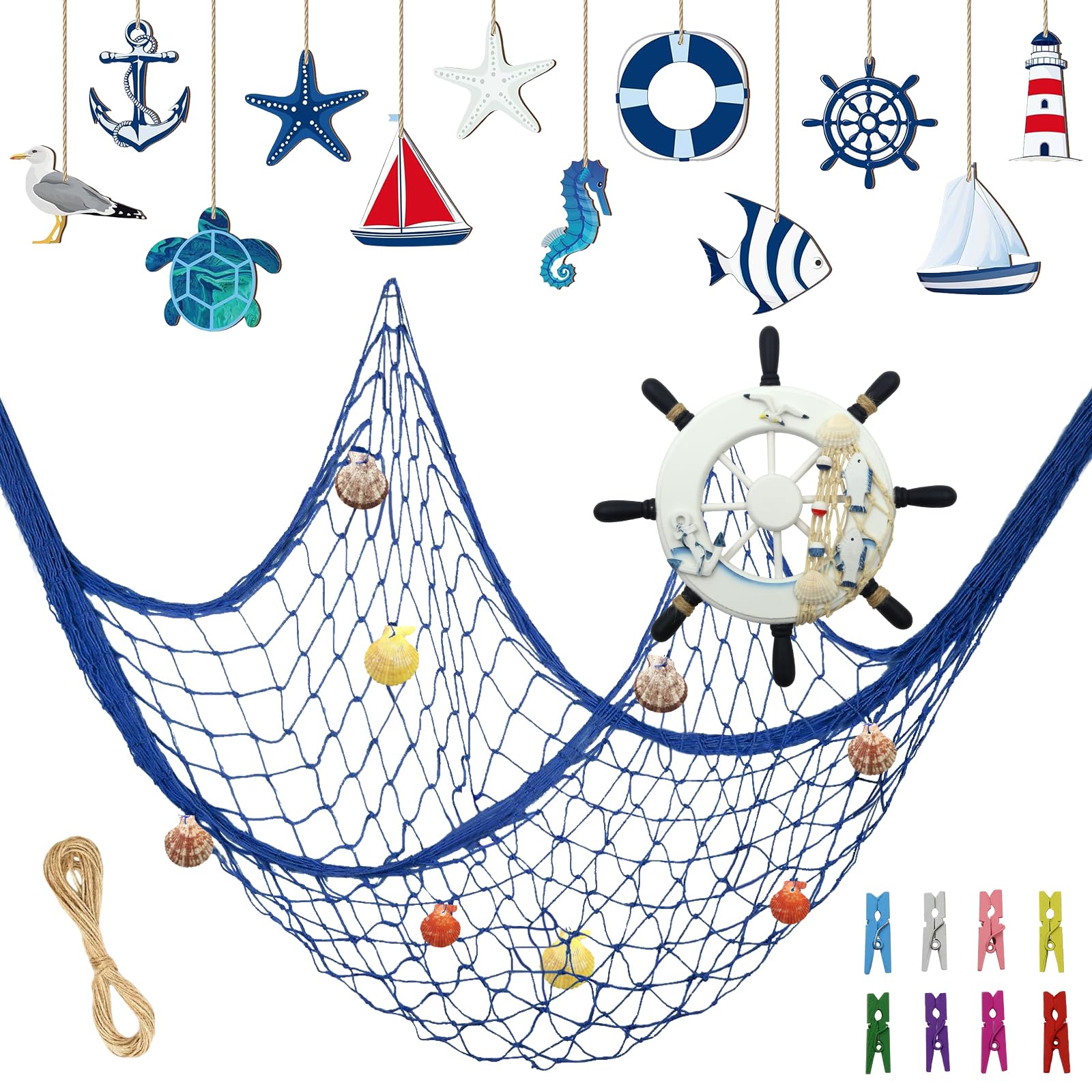 Nature Fish Net Wall Decoration with Shells Set, Ocean Wall Hangings Fishing Net Party Decor Include Blue Fishing Net, Wooden Ornament Decor, Ship Rudder for Ocean Beach Pirate Mediterranean Party