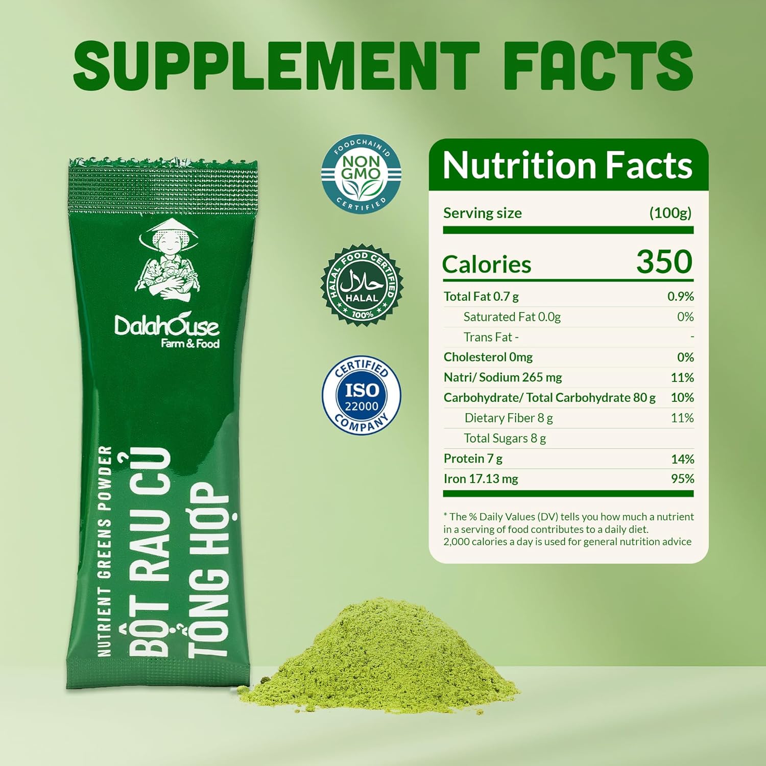 DalaHouse 15 Plant-Based Mix Powder Super Greens for Men & Women, Nutritional Vegetable Supplement, Super Greens Blend, Boost Immunity, Spinach, Kale and More, 150g (15 x 10g Sachets) - Pack of 2