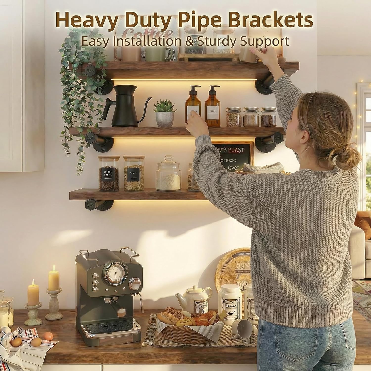 Industrial Black Iron Pipe Shelf Brackets Wall Mount DIY Shelving Brackets Pipe Decor Wall Rustic Garment Rack Hardware Included, 8 Inch Set of 8