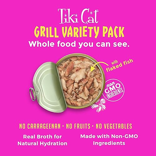 Miniatura 10 de Tiki Cat Grill - Alimento húmedo bajo en carbohidratos con mariscos enteros en caldo para gatos y gatitos adultos, 6 onzas, 8 unidades, variedad