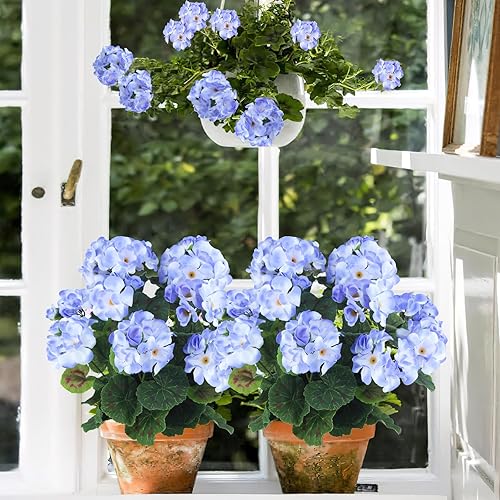 Miniatura 4 de CISDUEO 2 Piezas Geranios Artificiales para Exteriores Flores de Seda Morado Claro Arbusto de Geranio Artificial Flores Artificiales Geranios para