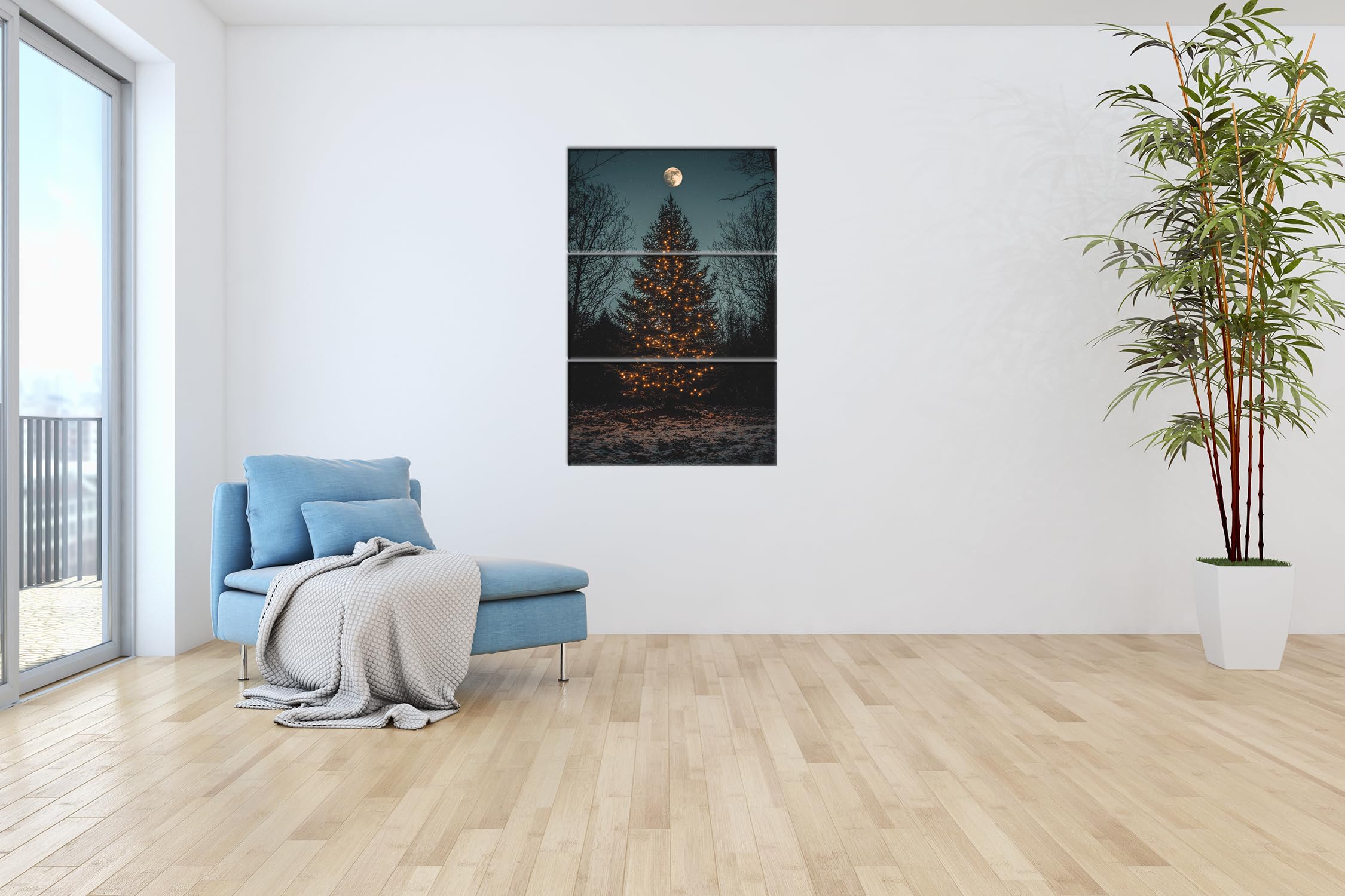 Sapin de Noël brillant sous la pleine lune pendant la nuit d'hiver Format : 120 x 80 cm (3 pièces) Impression d'art XXL sur cadre en bois/peinture murale/décoration de salon