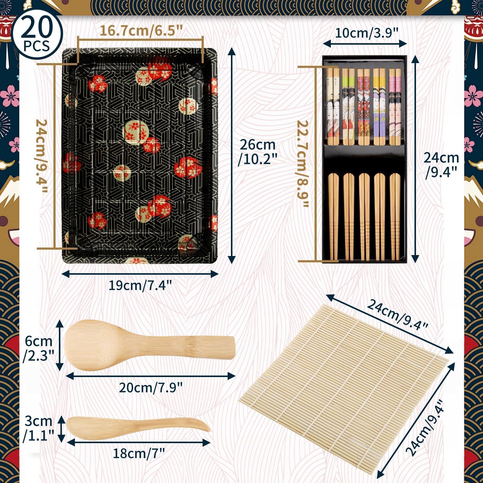 Mbsomnus 20-częściowy Zestaw do Sushi - 12 Półmisek z Pokrywką, Mata Bambusowa, 5 Par Pałeczek, Solniczka Ryżowa i Wiosło - Dla Początkujących