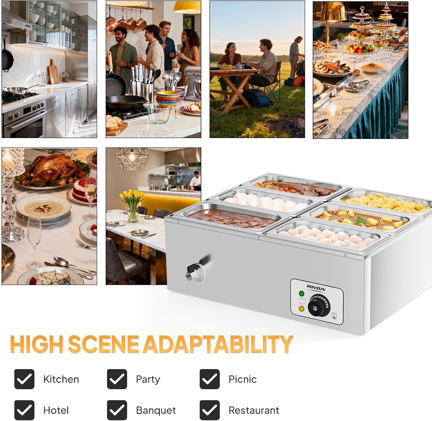 ROVSUN 42.3QT 6-Pan Electric Commercial Food Warmer, 110V Stainless Steel Bain Marie Buffet, 6.9 QT/Pan Stove Steam Table with Temperature Control & Lid for Parties, Catering, Restaurants
