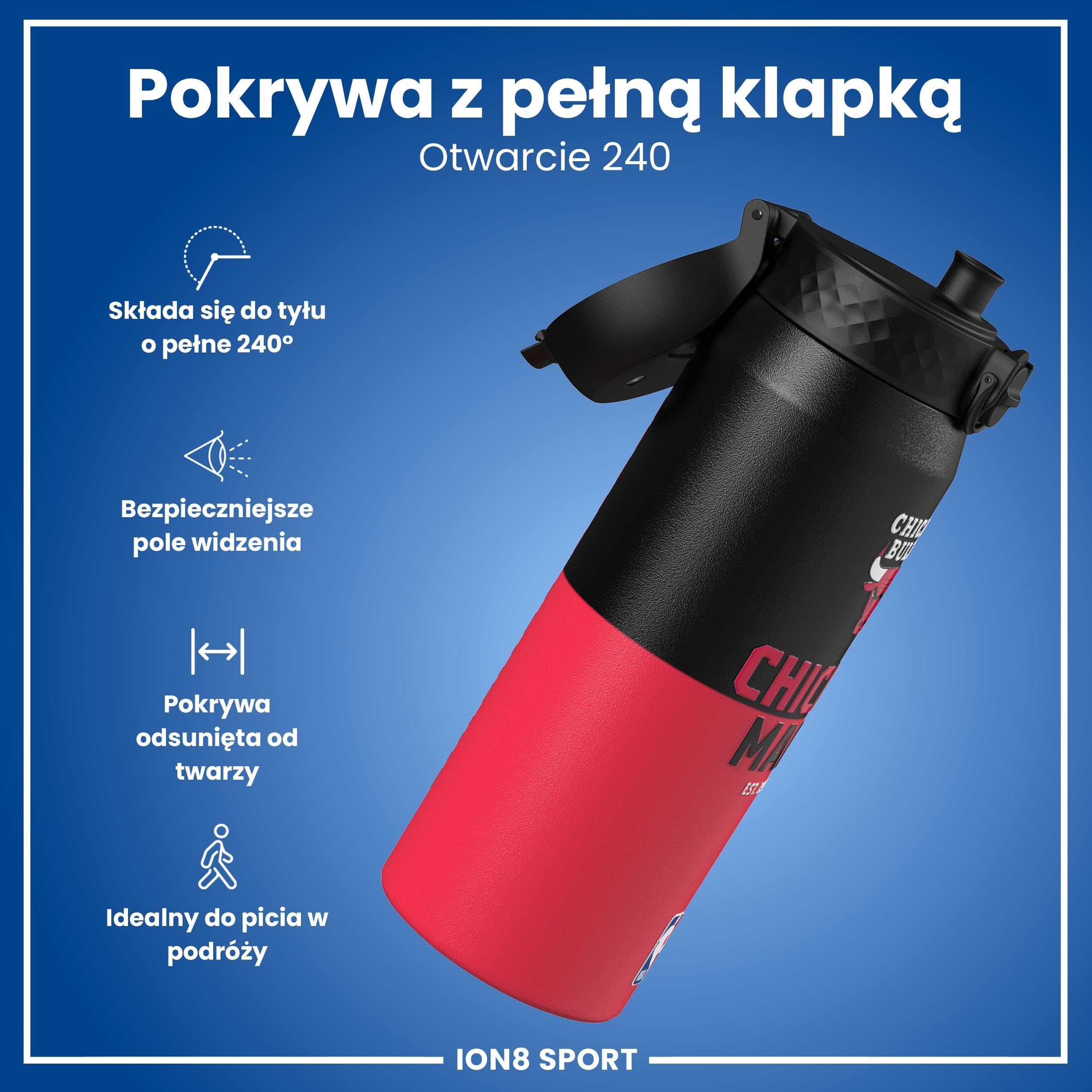 NBA Chicago Bulls Termiczna Butelka Sportowa Ze Zdejmowaną Słomką, 750ml/24oz, Szczelna, Izolowana Próżniowo, Łatwa Do Otwarcia, Bezpieczne Zamknięcie, Można Myć W Zmywarce, Składana Pokrywka