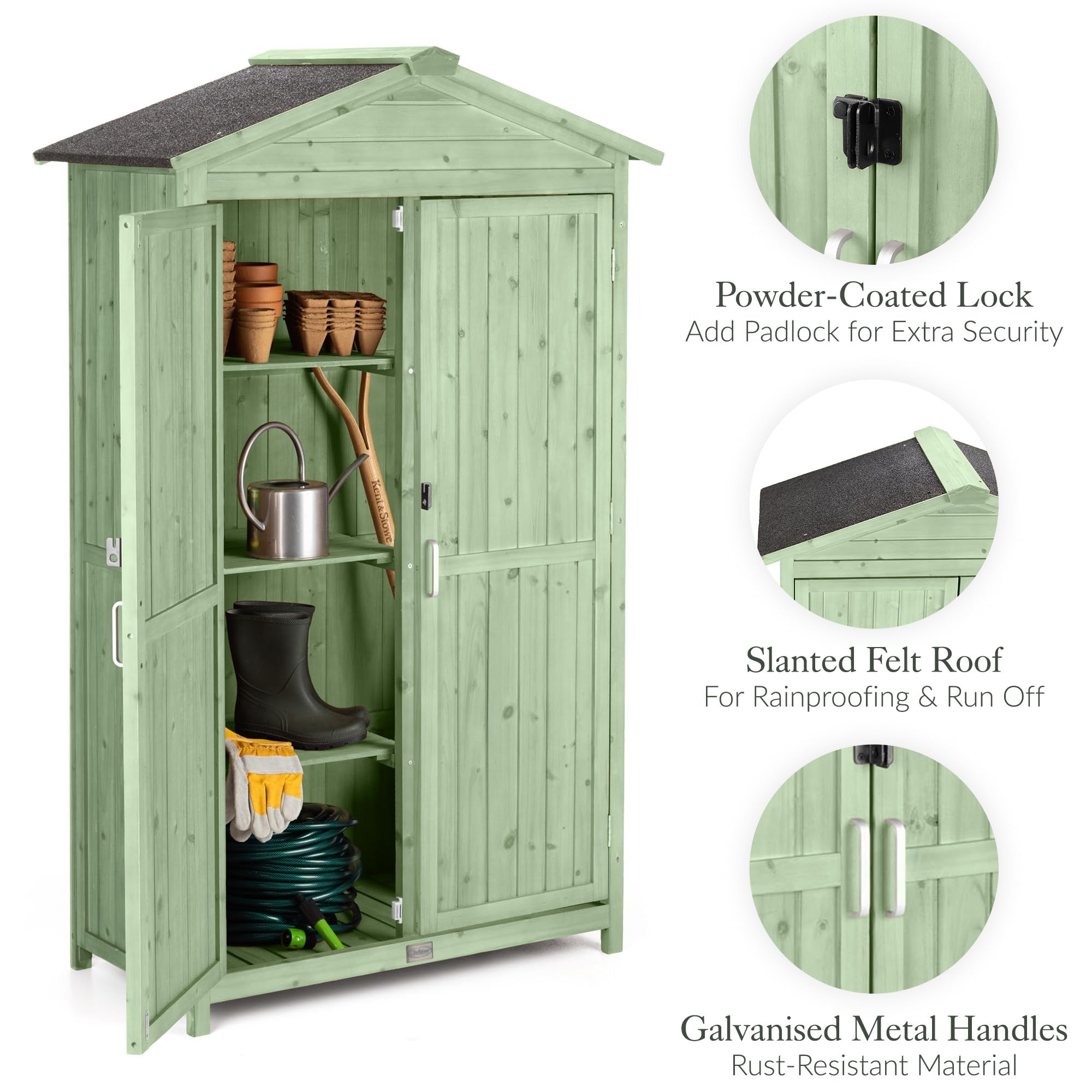 Christow Small Double Door Garden Shed – Sage Green, Tall Wooden Outdoor Storage, Slim Utility Shed, Three Configurable Shelves, Treated Wood, Lockable Doors, Sloped Roof, H166cm x W100cm x D64cm — view 4