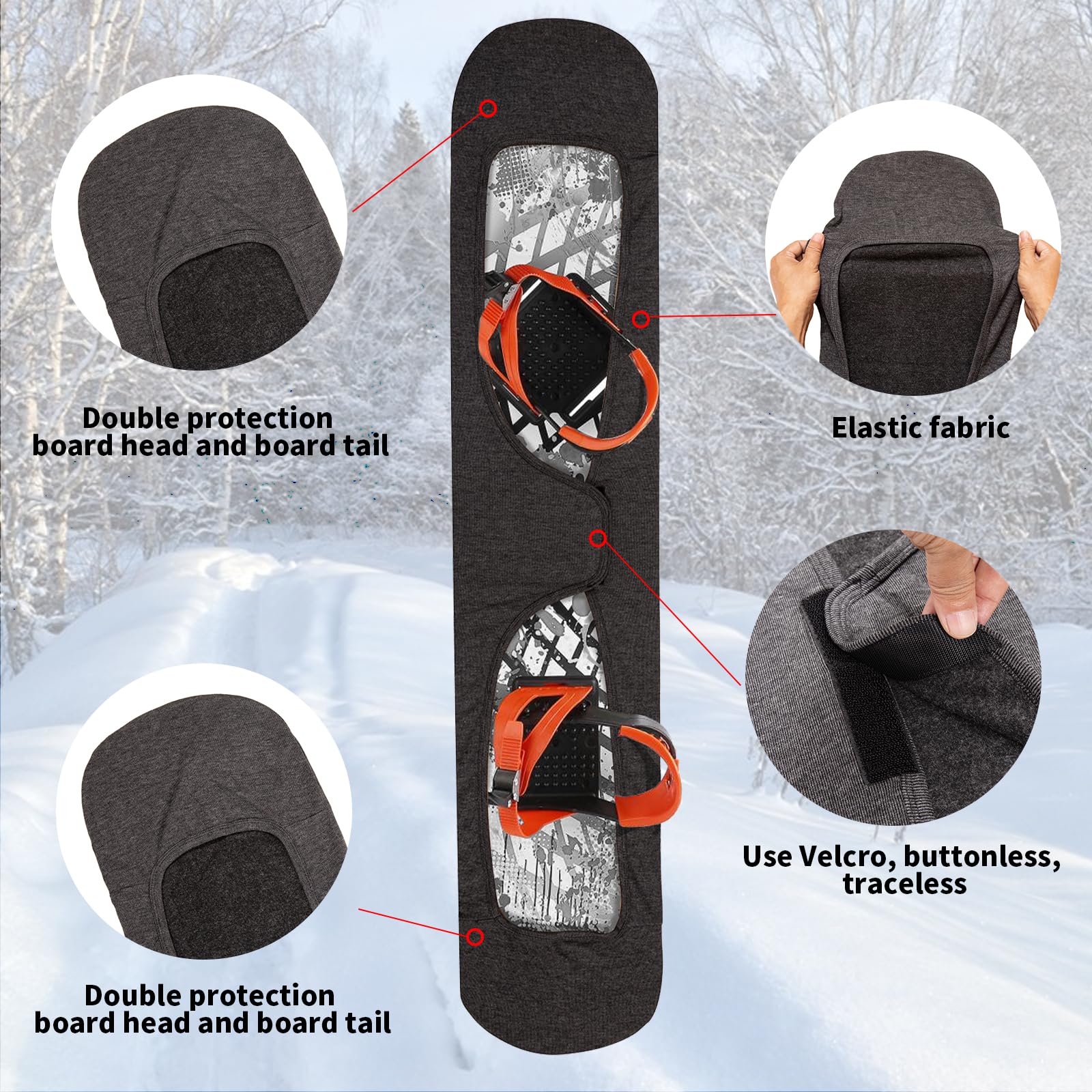 Housse de protection pour snowboard avec fixation ouverte, protège le snowboard des rayures, coussinets de fixation en tissu extensible pour emballer dans un sac de snowboard