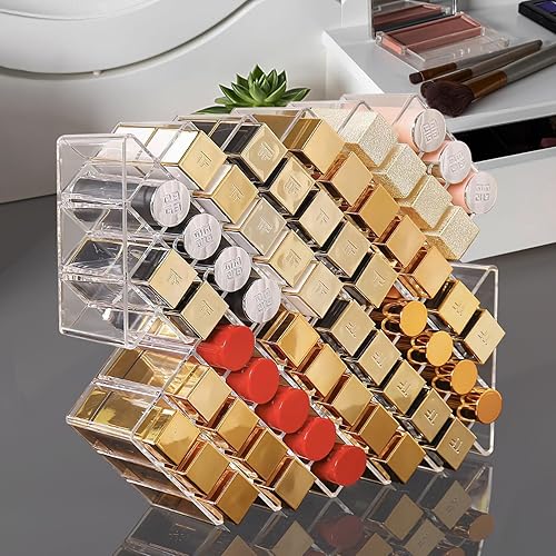 Miniatura 6 de Hebaogugu Organizador de lápiz labial, 28 ranuras para lápiz labial acrílico, organizador apilable de brillo de labios, soporte de torre de lápiz