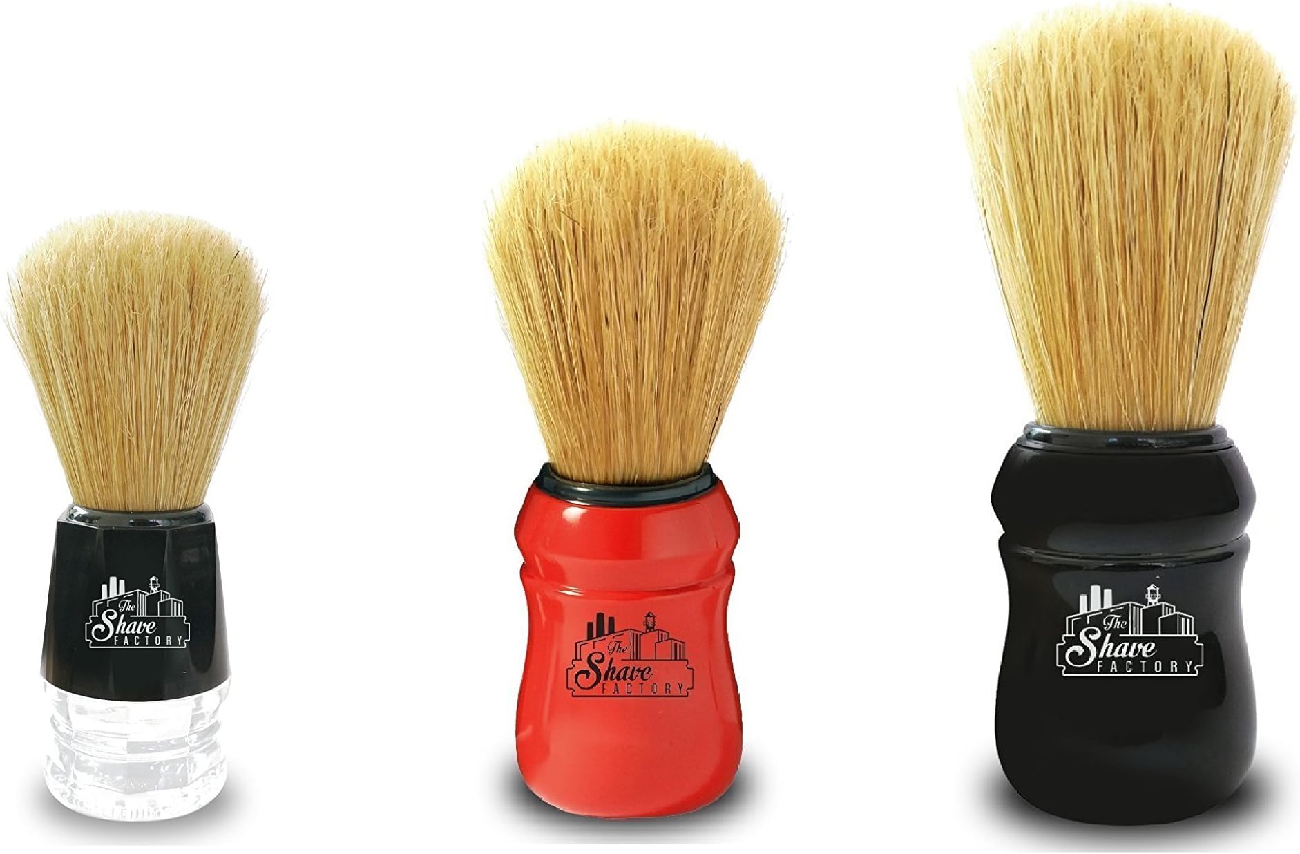 3 The Shave Factory Shaving Brushes (Large Black - Medium Red - Small Black )