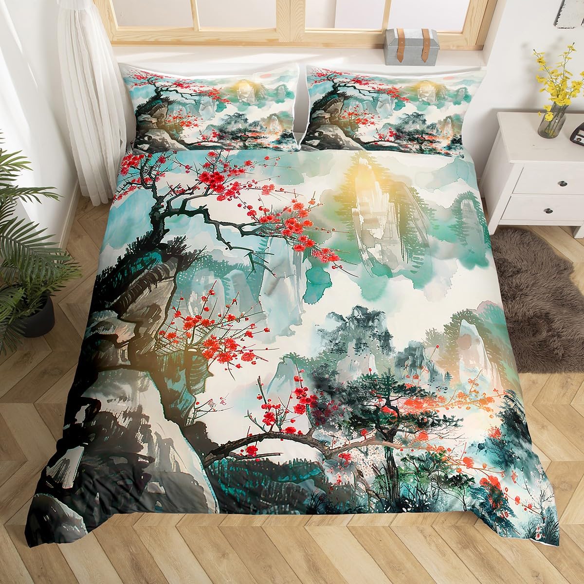 Feelyou Japanese Style Bedding Set Queen Size Kids Cherry Blossoms Comforter Cover Set for Boys Girls Teens Fuji Mountain Decor Home Decor Duvet Cover