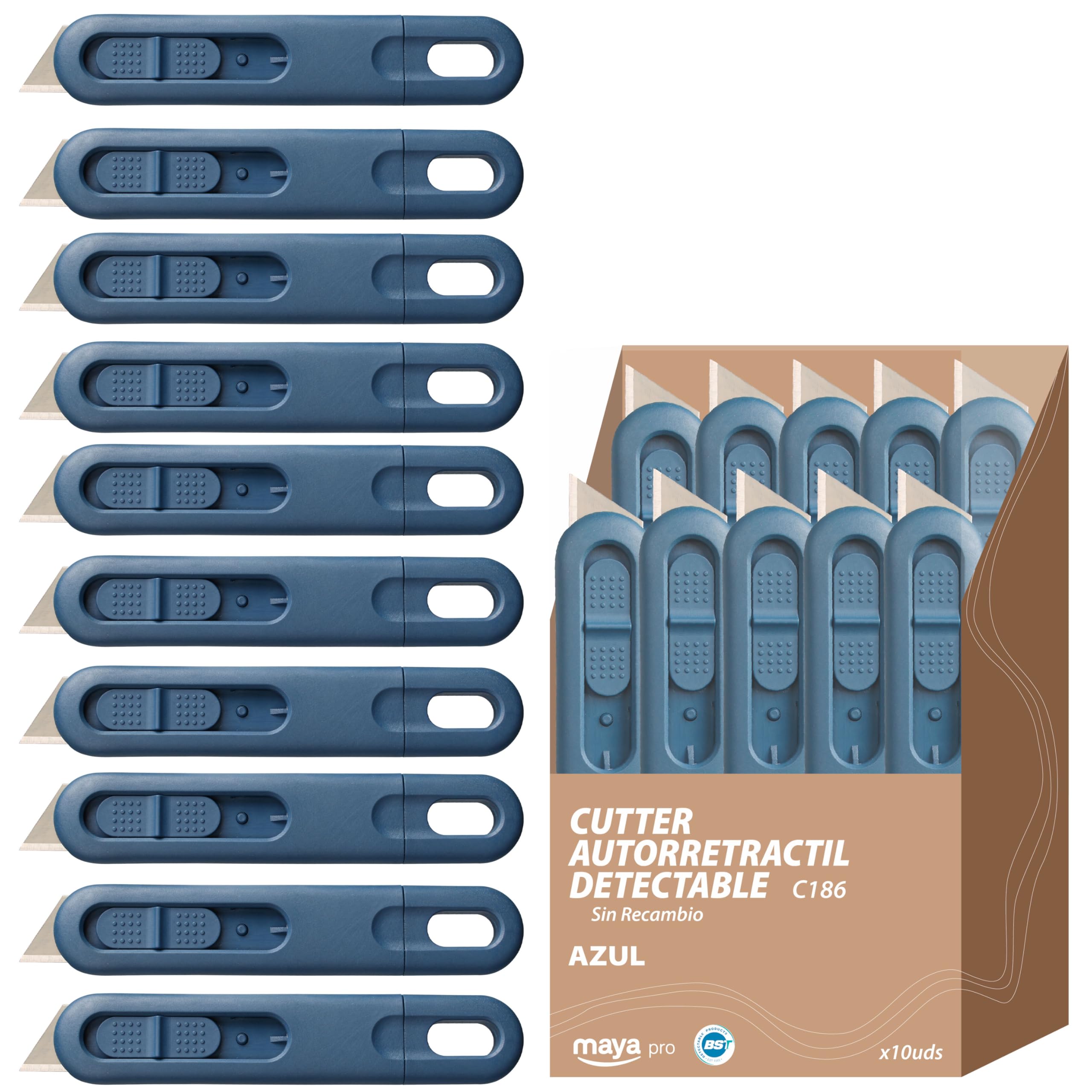 MAYA CUTTER C186 FIJO. Sin Recambios, Autoretráctil, Detectable, Ligero, Ambidiestro y Apto para el Contacto con Alimentos. Caja de 10 Unidades.