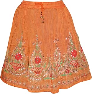 Mogul Interior Short Skirt, Orange Cotton Embroidered Handmade Summer Skirt, SM
