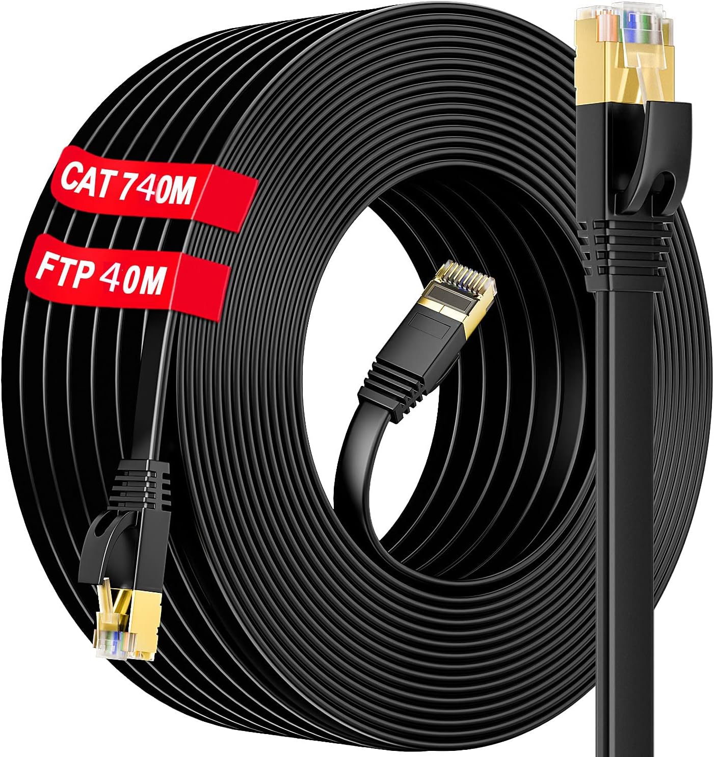 Cat 7 Outdoor Indoor Ethernet Cable (132ft), SFTP Shielded Foil Twisted Pair, High Speed Flat Ethernet Cable 10Gbps 600Mhz, Pure Copper, Cat 7 Internet Cable 100+ ft for Router Modem, 40 Free Clips