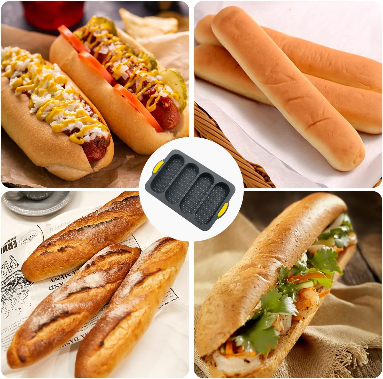 2 Pack Silicone French bread loaf Bread Pan - 4 Hole Non-Stick French Loaf Pan, Reusable Easy Release Baking Tool for Homemade French bread loaves, French Bread, Rolls & Romantic Dinner