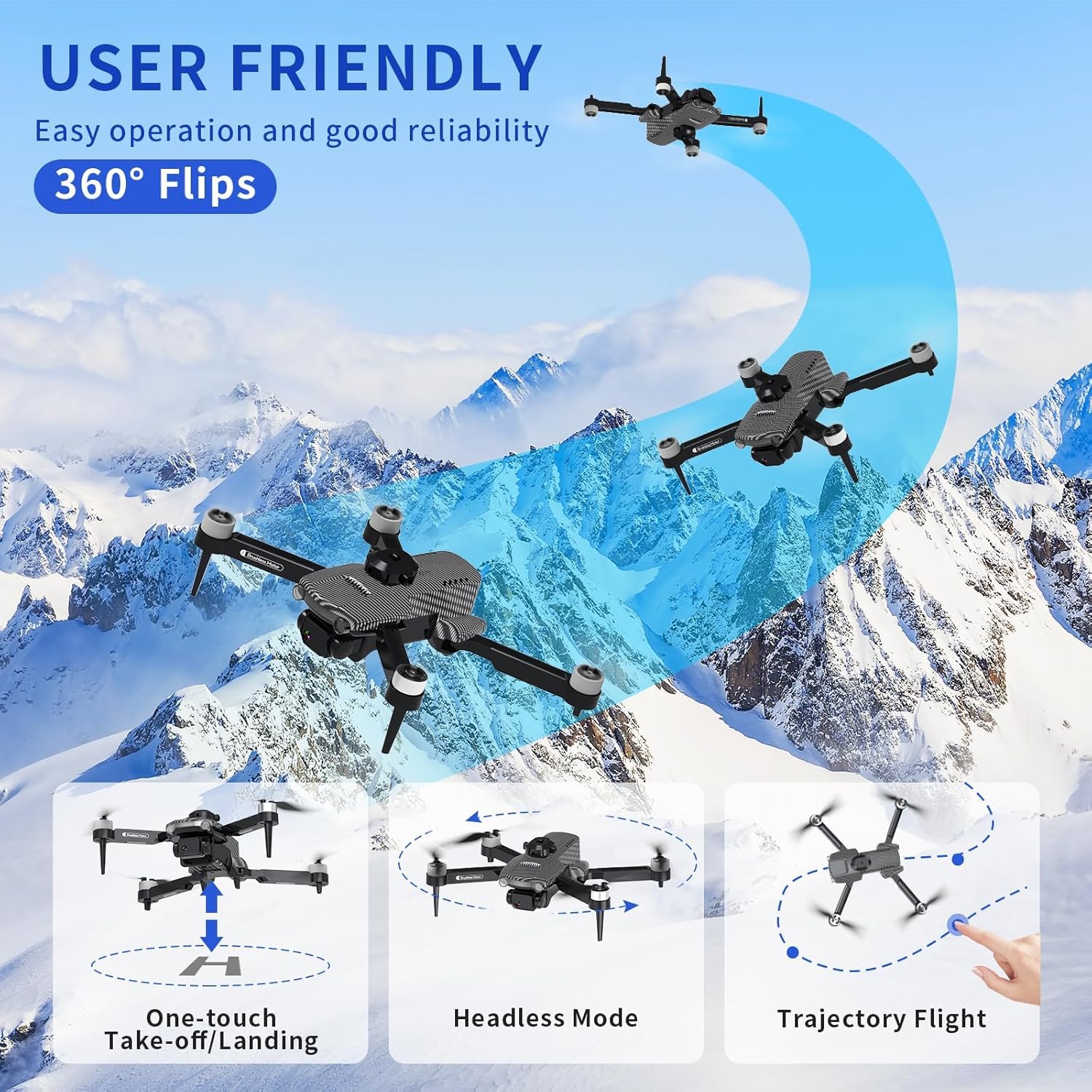 Drone Con Fotocamera 1080P,Aereo Radiocomandato Motore Brushless,Quadcopter WiFi pieghevole,Giocattoli Volanti Telecomandati,Modalità senza testa,Flip a 360°,Decollo a un clic,Regali per adulti