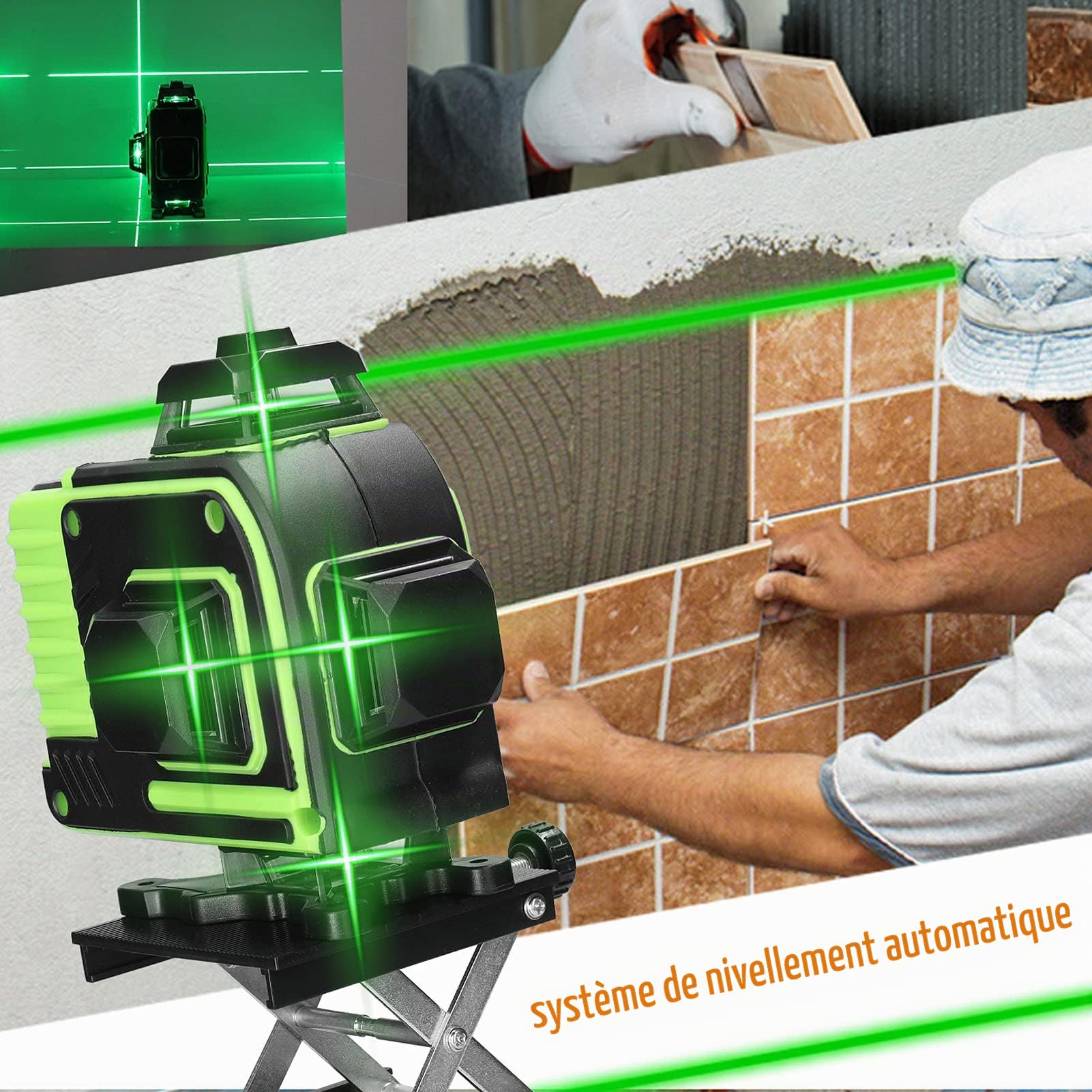 Niveau Laser 360 4D 16 Lignes avec D'auto-Nivellement de 3° du Niveaux à Bulle Laser Vert Rotatif IP54 2xBatteries Rechargeables Outil de Niveau Laser en Croix Verte Vertical Horizontal