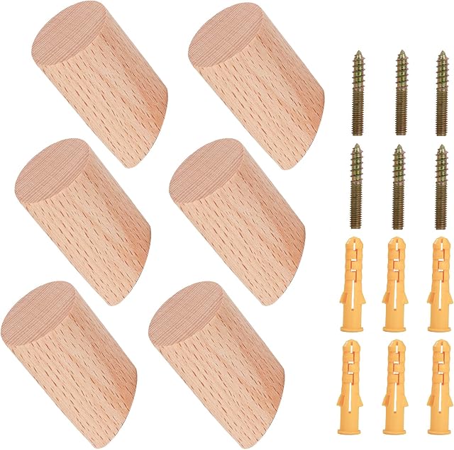 Wood Wall Hook Natural Solid Beech Wooden Cylinder Hooks for Hanging Clothes Hat Key Coat Bag Robe Scarf Headphone 6 Pack