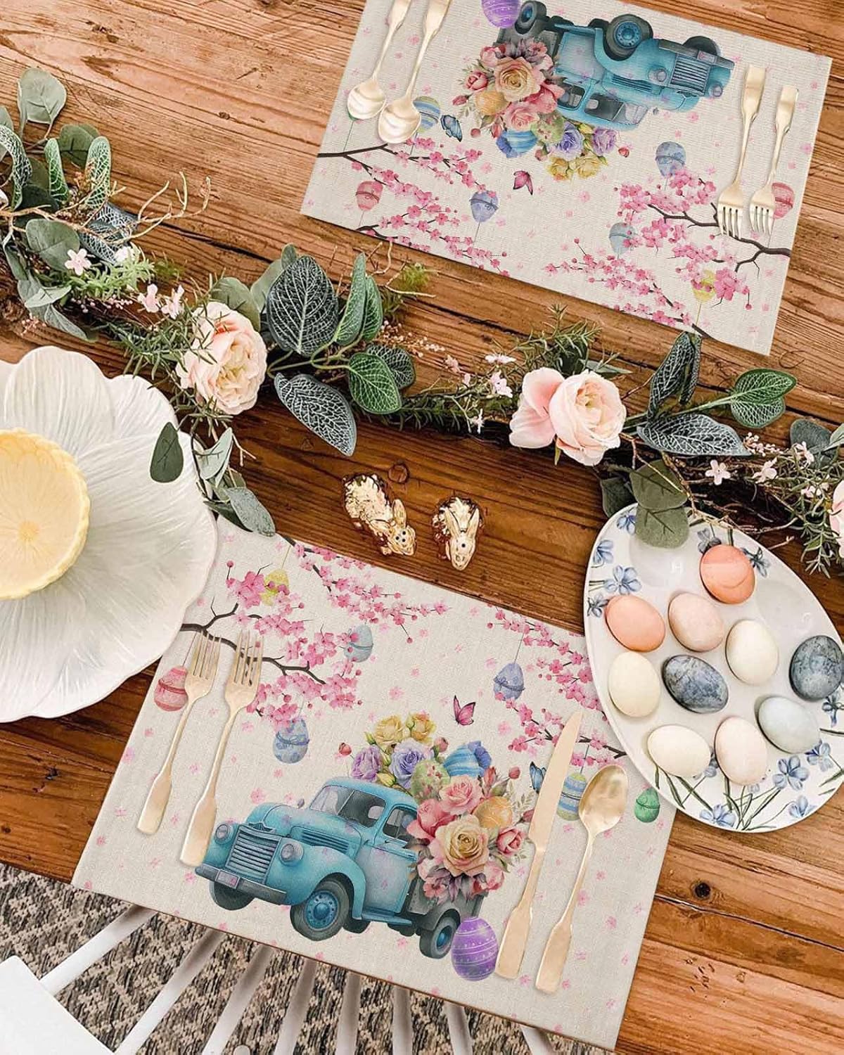Easter Placemats Set of 6 Truck Easter Eggs Colorful Placemat for Table Butterfly Flower Pink Cherry Blossom Non Slip Heat Insulation Washable Table Mats for Seasonal Spring Holiday Party Home Decor