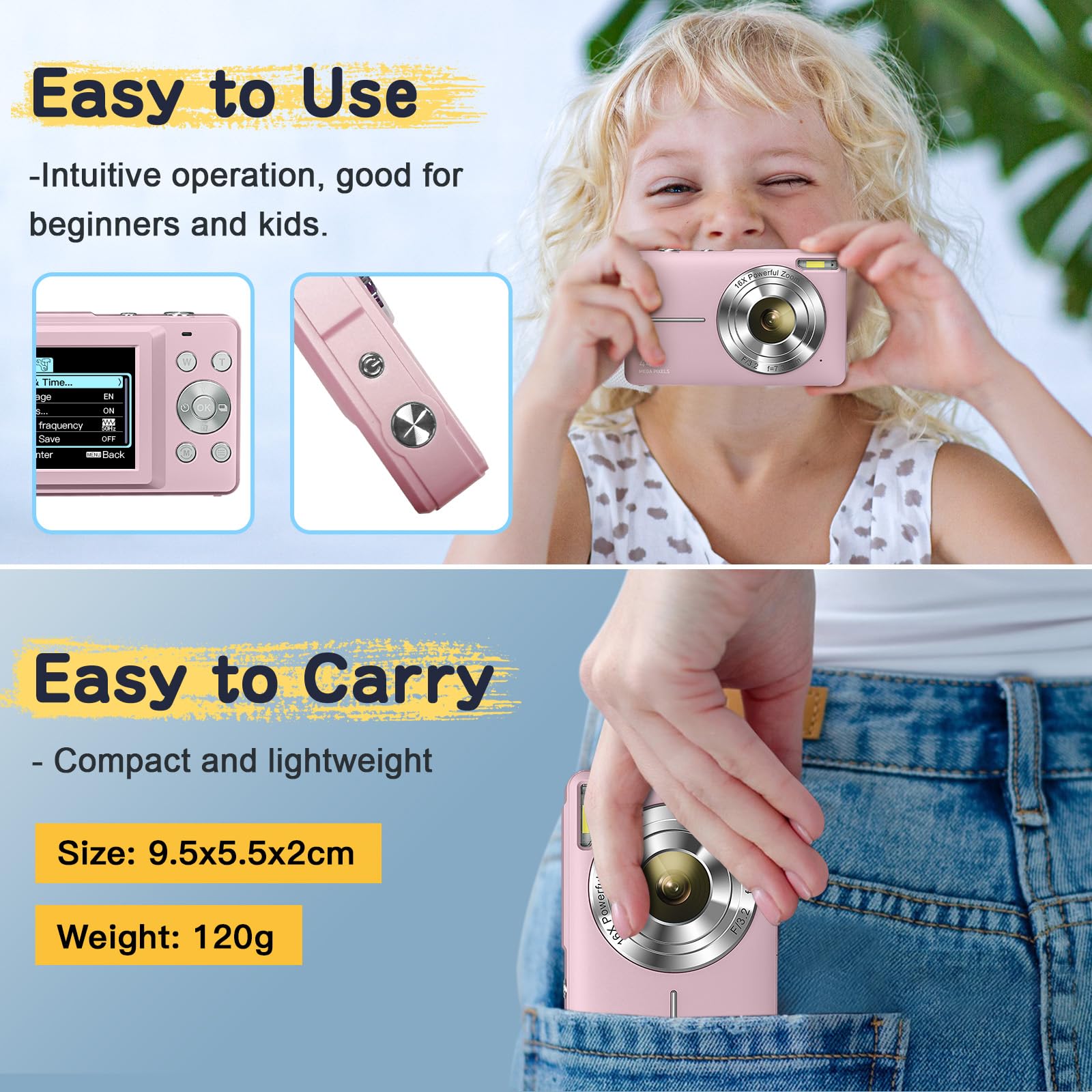 Appareil Photo numérique 44MP FHD 1080P, 16X Zoom et Batterie, Portable Simple pour Enfants, étudiants, Adolescents, débutants, Seniors (Rose)