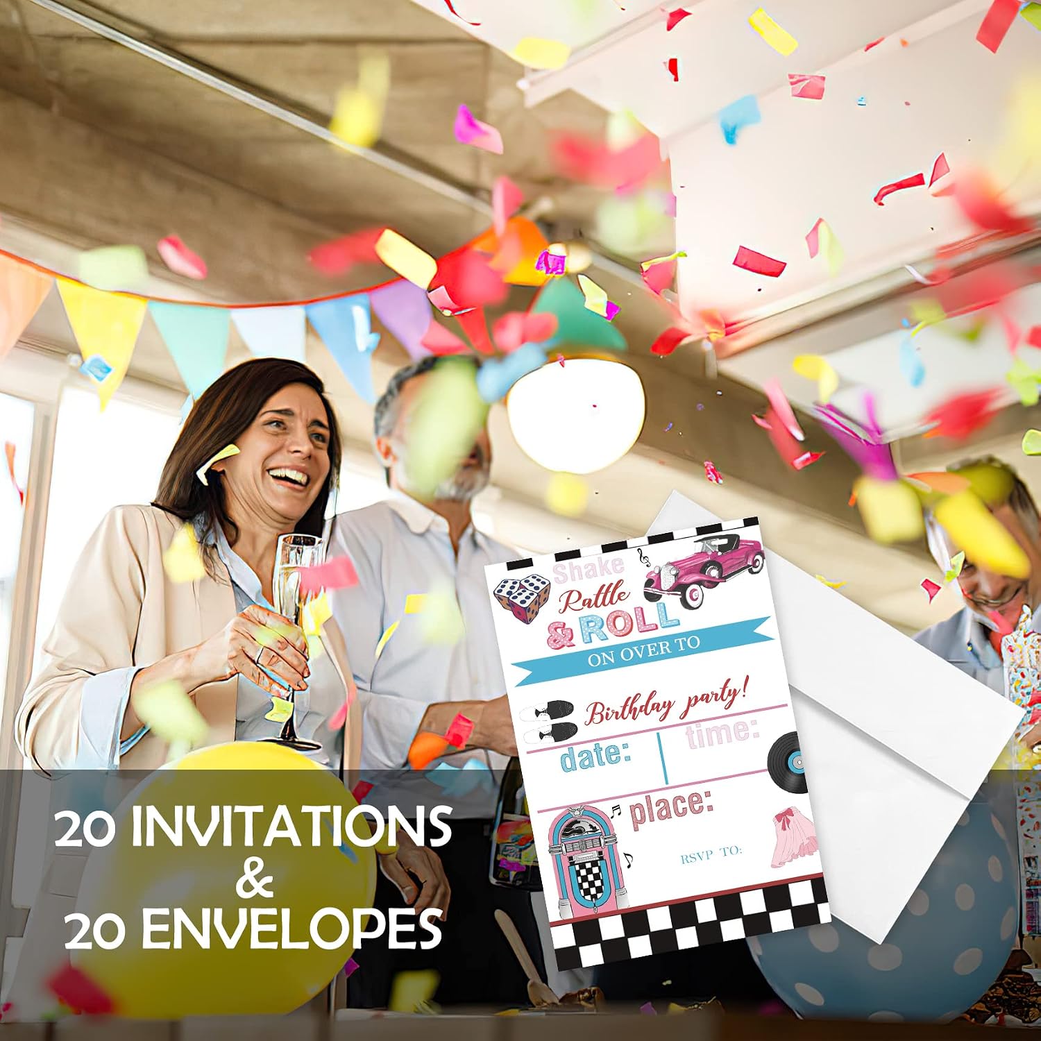 20 Sets 50's Sock Hop Birthday Party Invitations With Envelopes,Retro 1950's Jukebox Checkered Double-sided Printed Birthday Party Invitation Invite Cards for Teen Girls Boys,50's Birthday Invites
