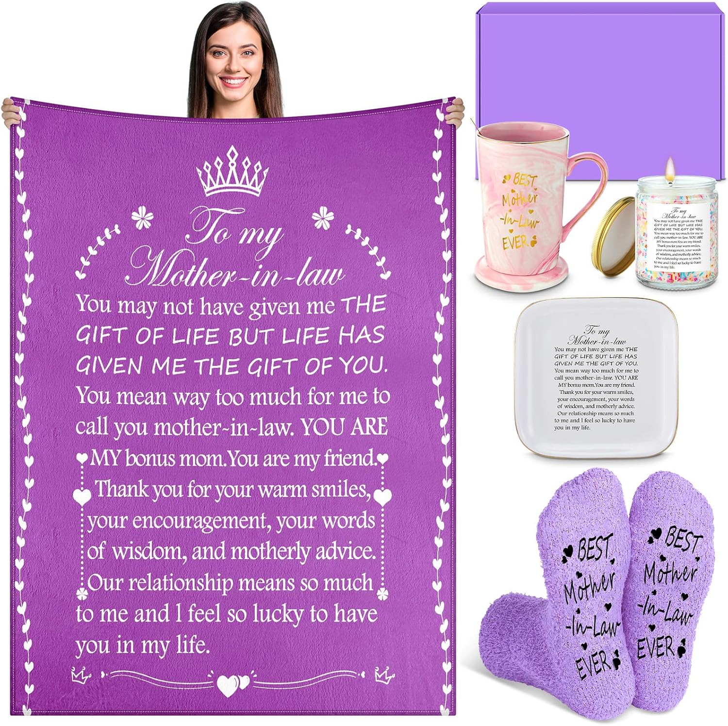 6 Pcs Mother in Law Gifts from Daughter in Law for Mothers Day, Best Mother-in-law Ever Gift Basket with 60 x 50 in Warm Blanket, Mug, Socks, Candle, Jewelry Dish, Gift Box(Purple)