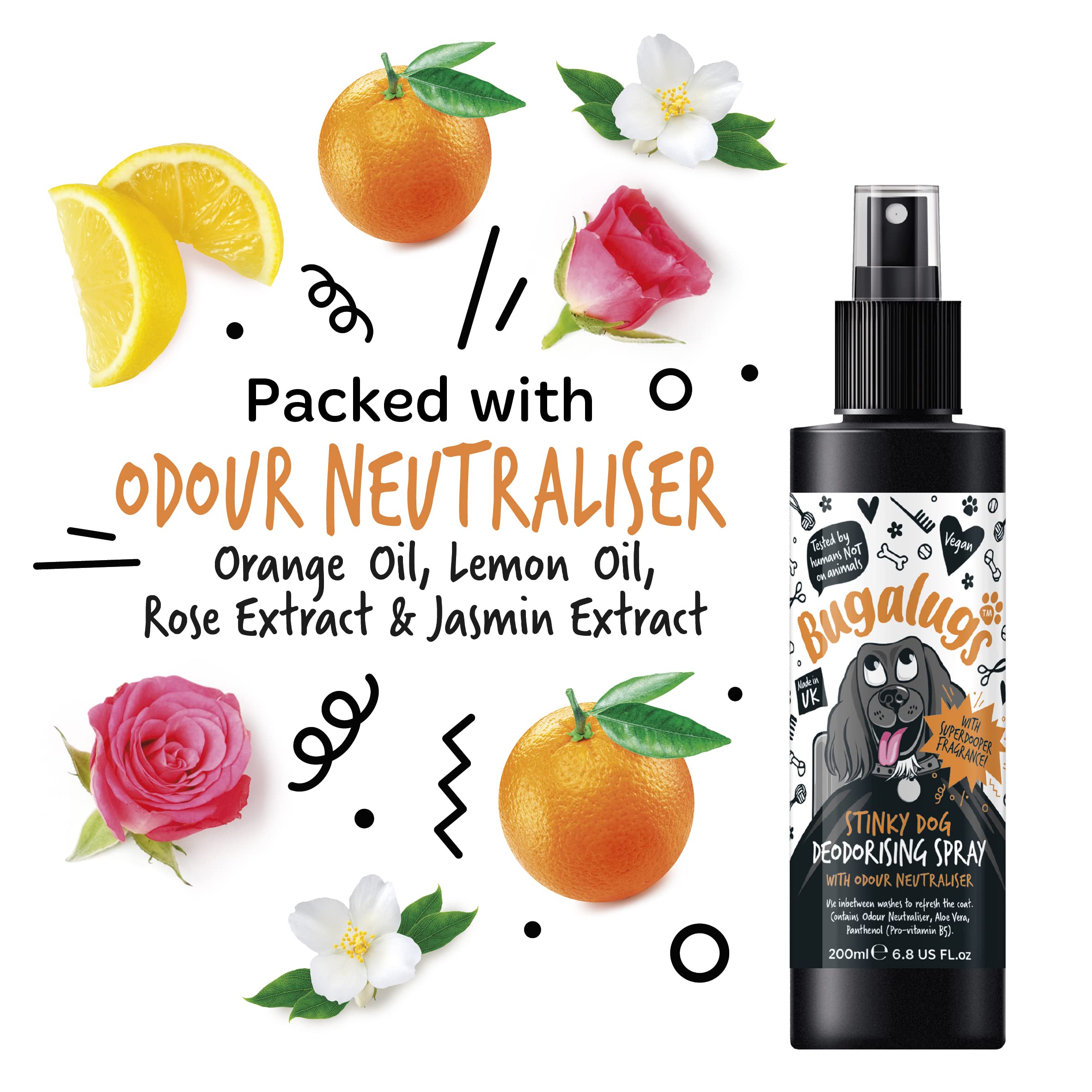 BUGALUGS Stinky Dog Deospray für Hunde, Geruchskontrolle, 200 ml, beseitigt schlechte Gerüche, frischer und langanhaltender Duft, weiche Formel, für den täglichen Gebrauch, alle Arten von Fell und
