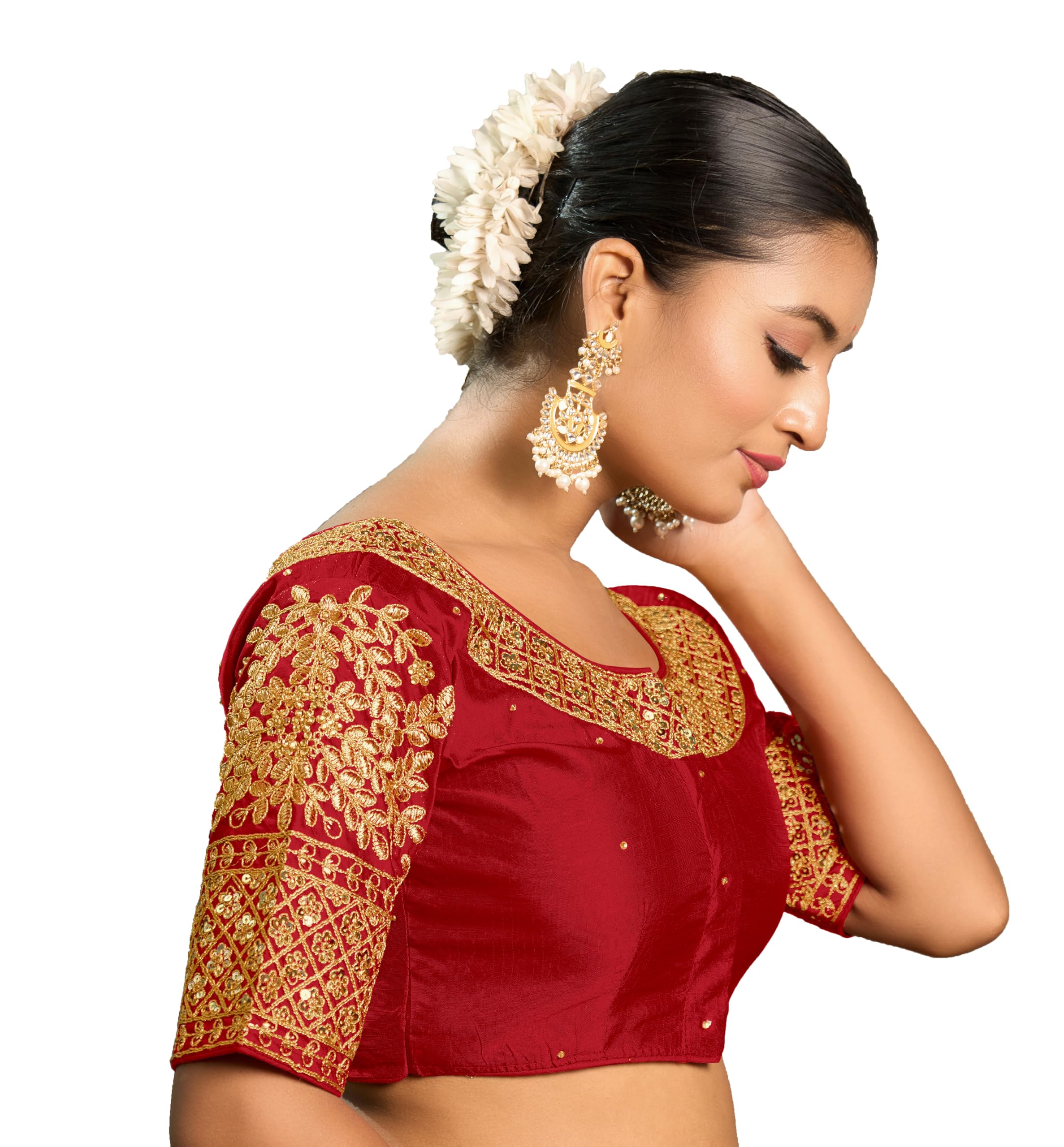 Pujia Mills Women's Heavy Embroidery Coding With Sequins Work Half Sleeves Fancy Readymade Saree Blouse (Red, 38)