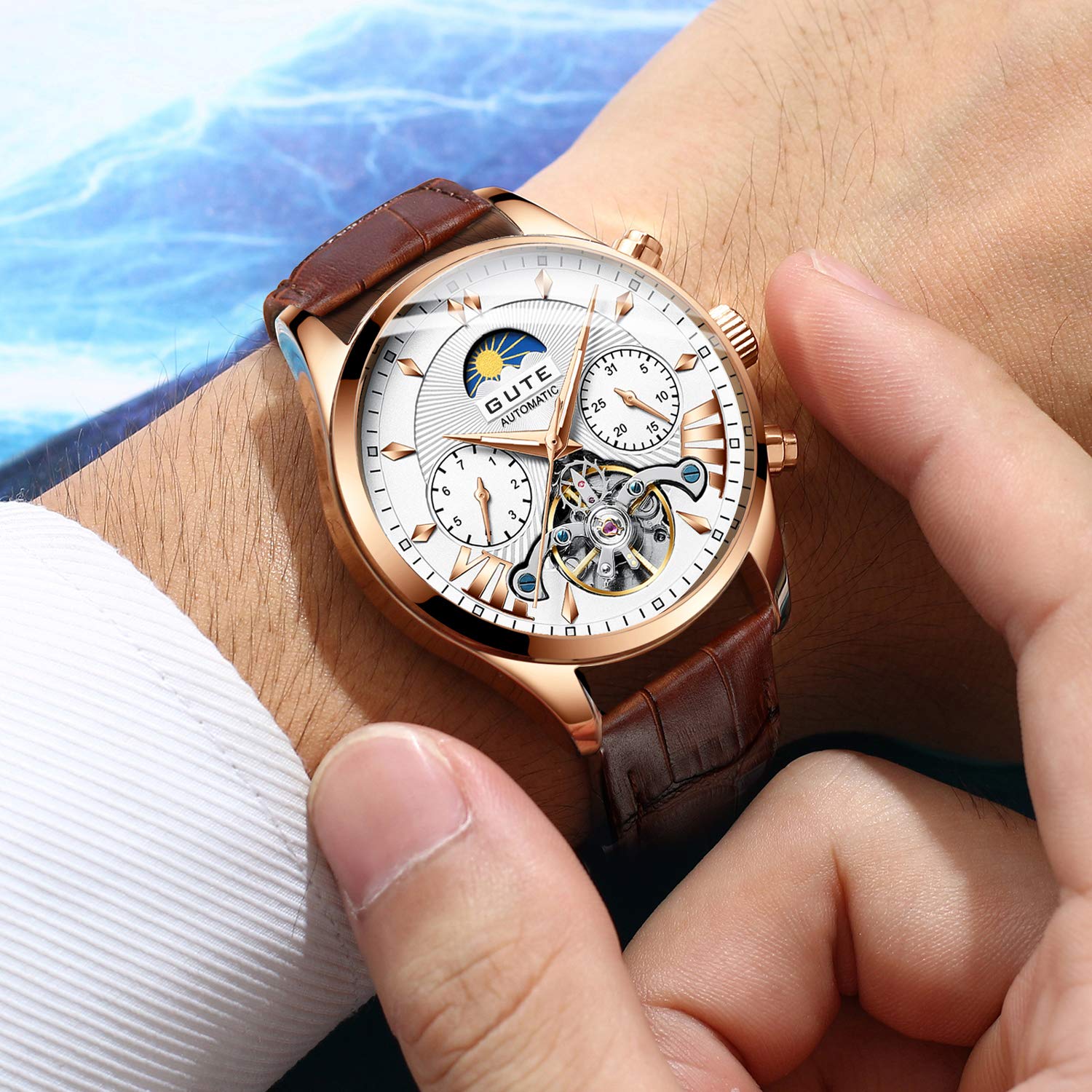 Gute Herren Uhren Mechanical Wrist Watch,wasserdichte Chronograph Männer Business Military Sport Armbanduhr mit Leder Armband,Elegant Geschenk für männer a