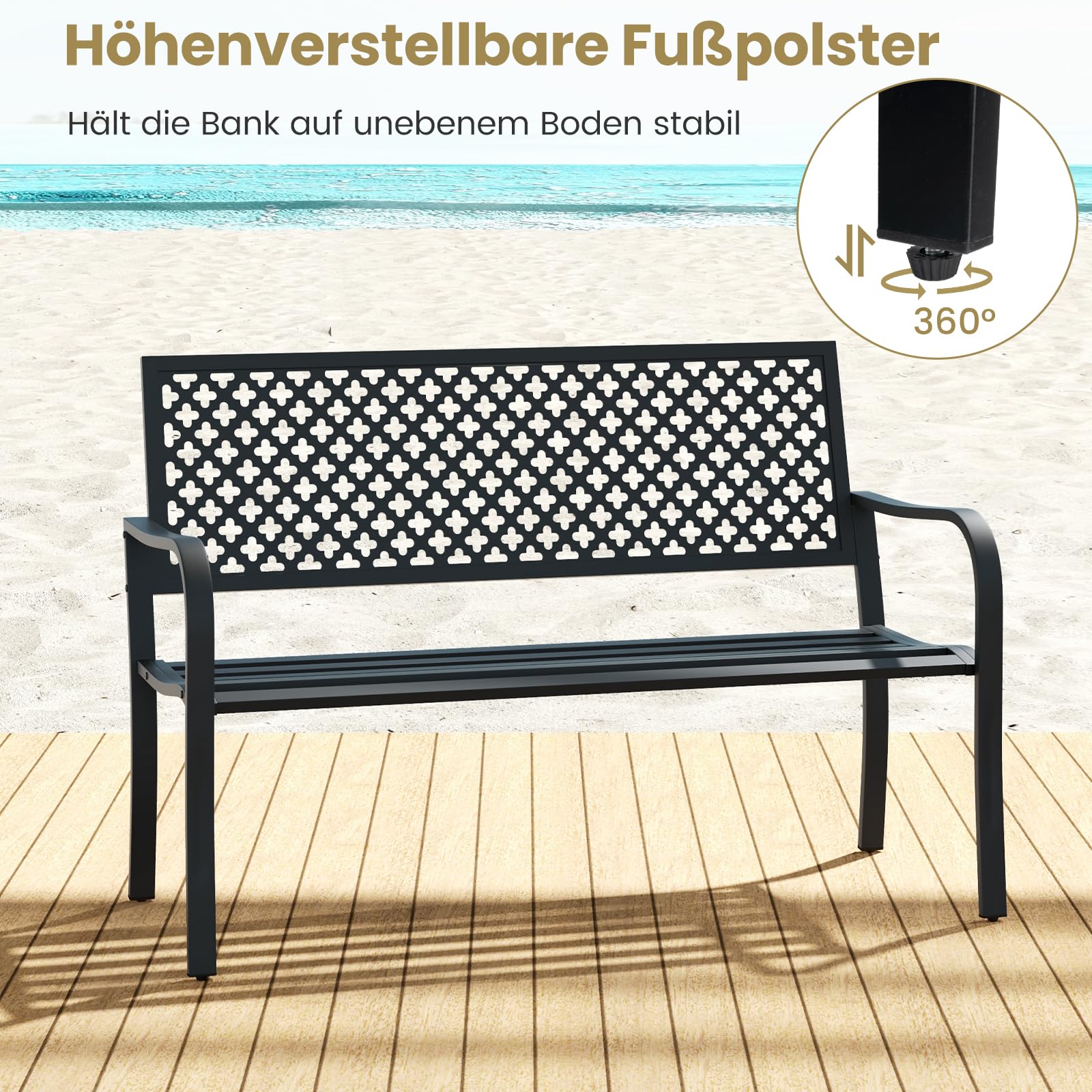 COSTWAY Gartenbank Metall, wetterfeste Sitzbank für 2-3 Sitzer, Parkbank mit Rückenlehne & Armlehne, Metallbank bis 300 kg belastbar, Eisenbank für Garten, Terrasse, Balkon, 127 x 62 x 86 cm (Schwarz)