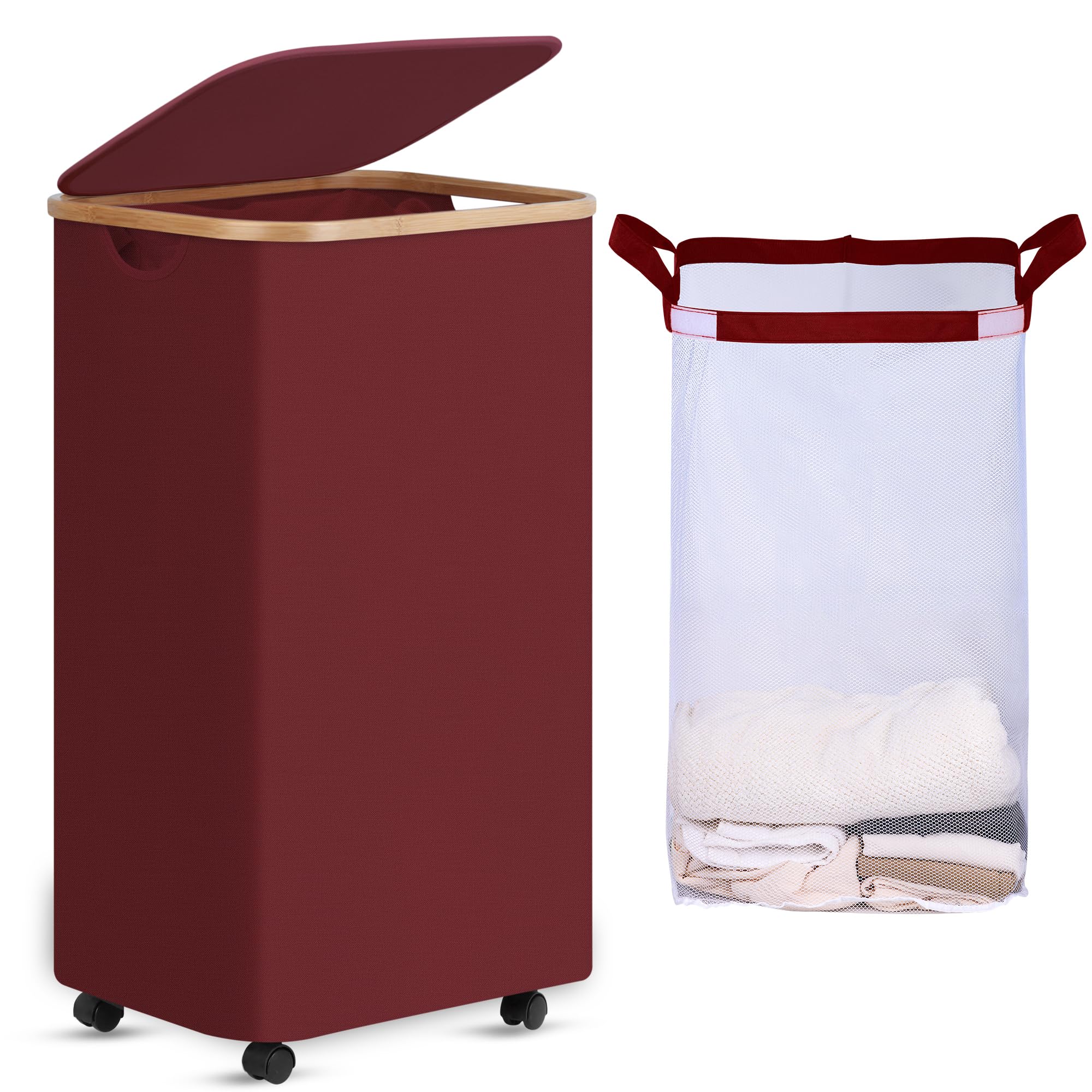 efluky Laundry Basket with Wheels, Tall Rolling Laundry Hamper with Lid and Removable Bag, Aesthetic Dirty Clothes Hamper on Wheels for Laundry Room, Bedroom, Dorm and Bathroom, 100L Rose Red