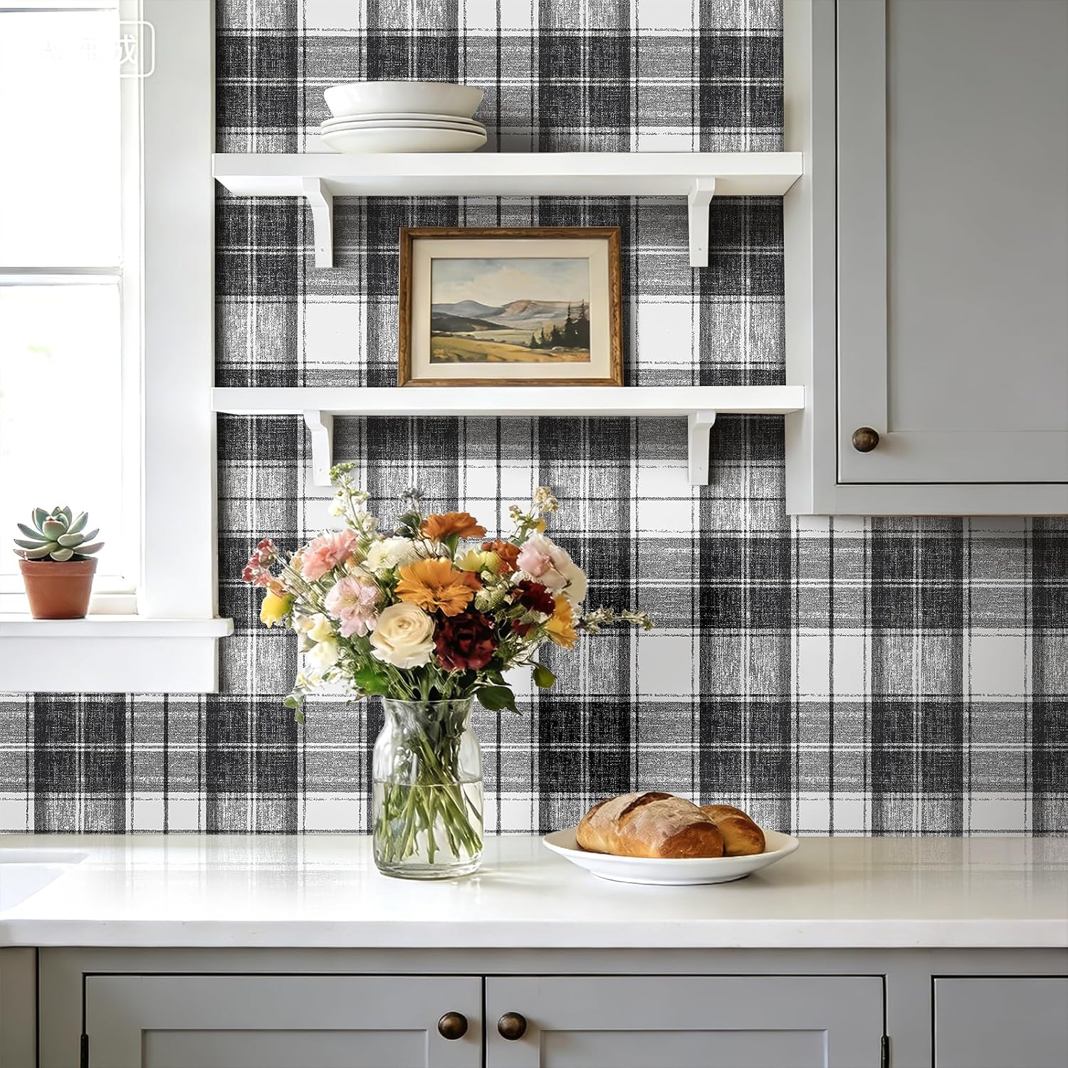 Livelynine 17.5x276" Plaid Peel and Stick Wallpaper Black and White Gingham Wallpaper Renter Friendly Modern Black and White Wall Paper for Bathroom Bedroom Boys Room Kitchen Contact Paper for Walls