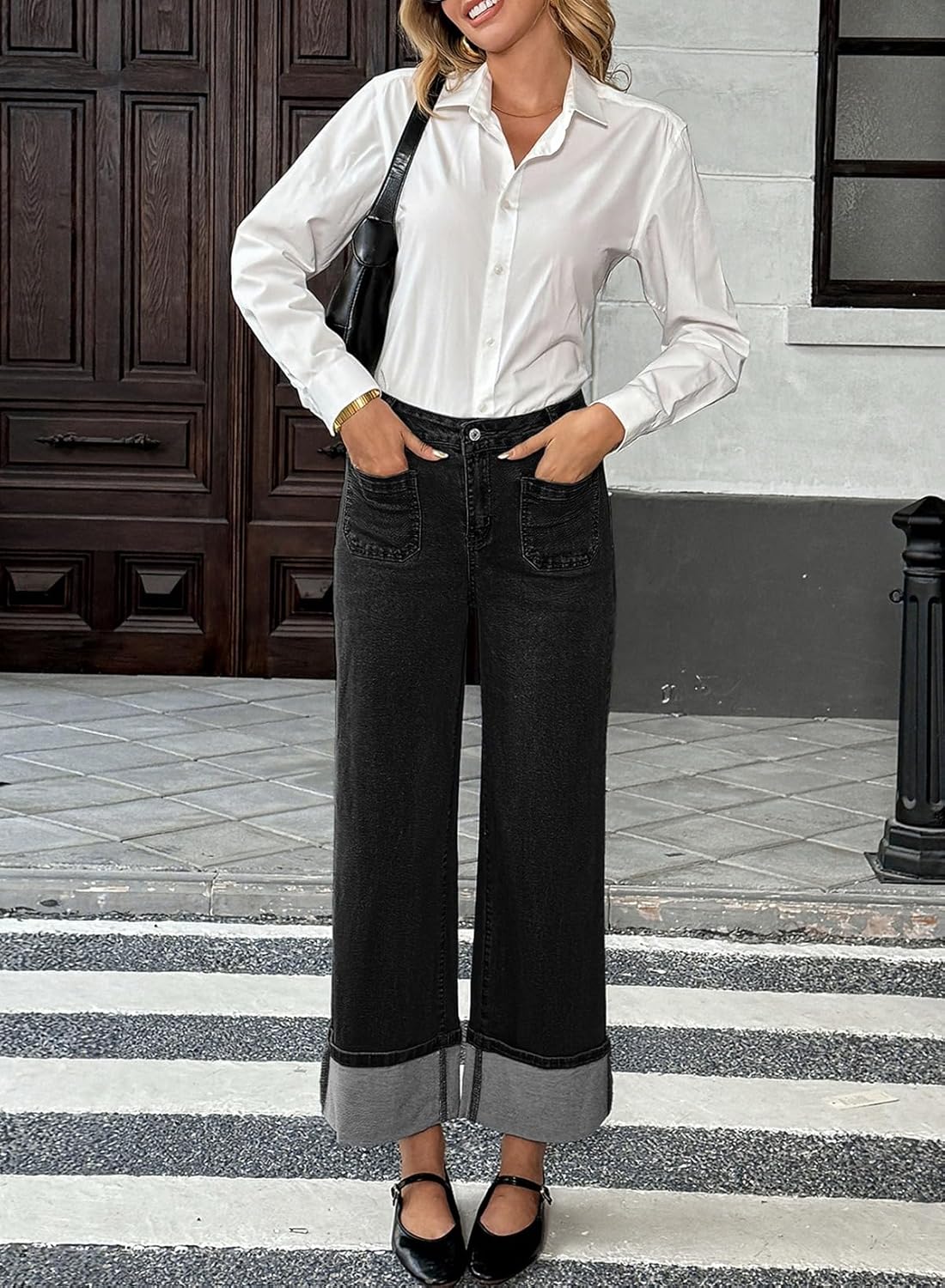 EVALESS Womens Jeans High Waisted Stretchy Cuffed Wide Leg Denim Pants with Pockets