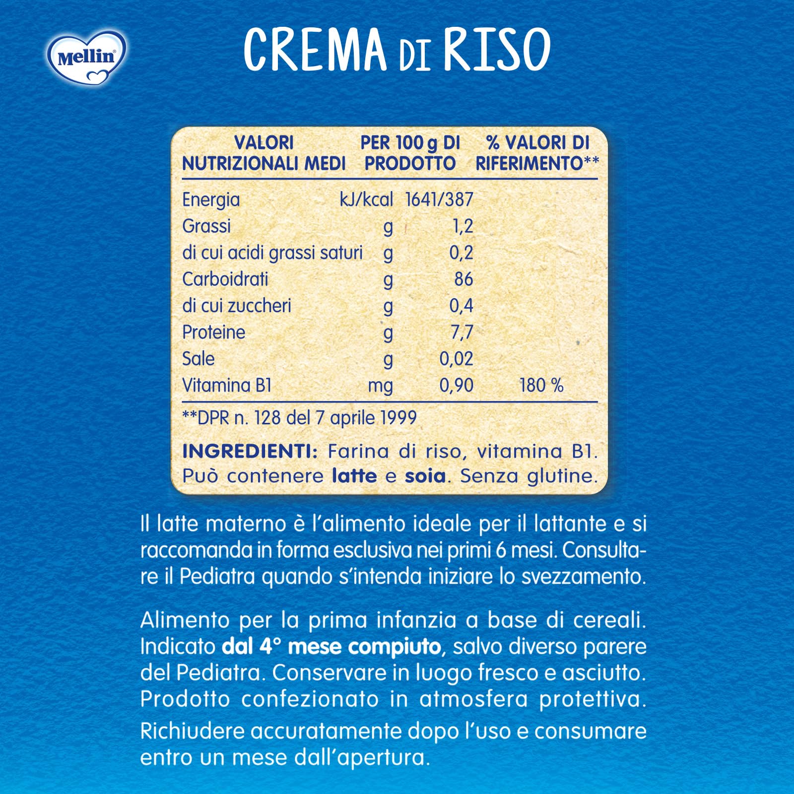 Mellin - Crema di Riso - Alimento con Vitamina B1, per Bambini dal 4° Mese Compiuto - 6 Confezioni da 400gr (Totale 2400gr)