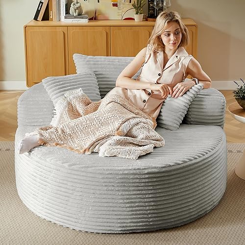 Silla redonda de gran tamaño de 55 pulgadas, tumbona para interiores, sin hueso, con pana de felpa, no requiere montaje, sofá cama moderno y