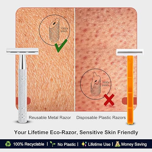 Miniatura 4 de Maquinilla de afeitar de seguridad plateada de doble filo con soporte para hombres y mujeres, maquinilla de afeitar reutilizable de una sola hoja