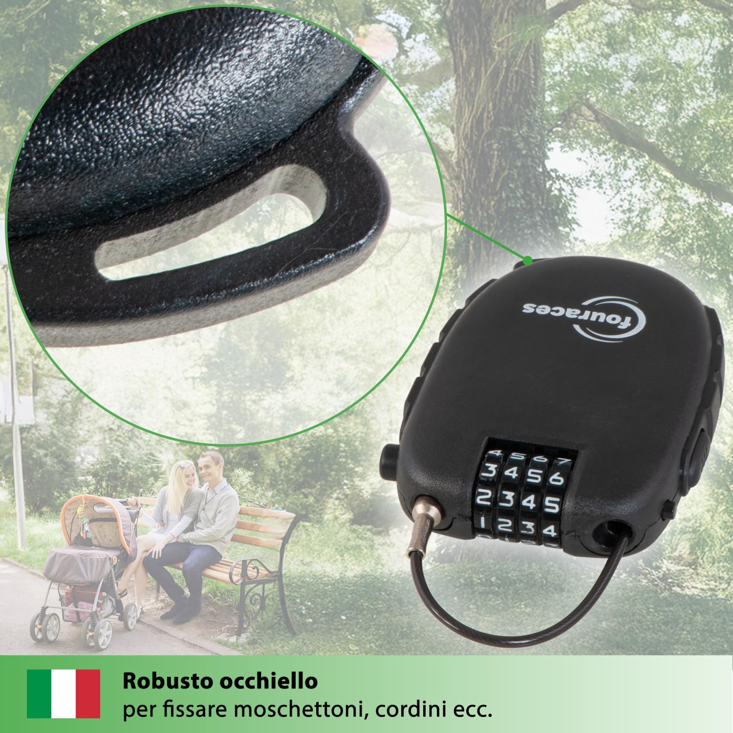 fouraces lucchetto con cavo retrattile 70 cm, lucchetti a combinazione a 4 cifre, antifurto per bicicletta, scooter, biciclette, sci, casco, moto