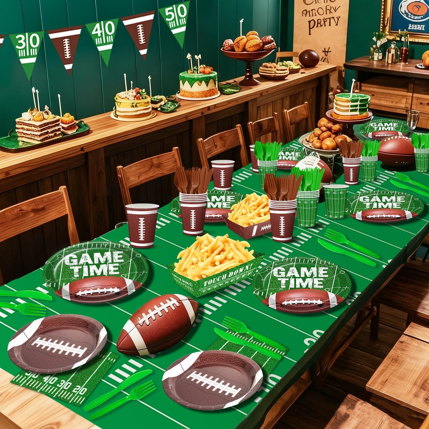 Football Party Decorations for 24 Guests - Football Party Supplies Kit with Plates, Napkins, Cutlery, Food Trays, Banner, Tablecloths for Tailgate & Birthday Party